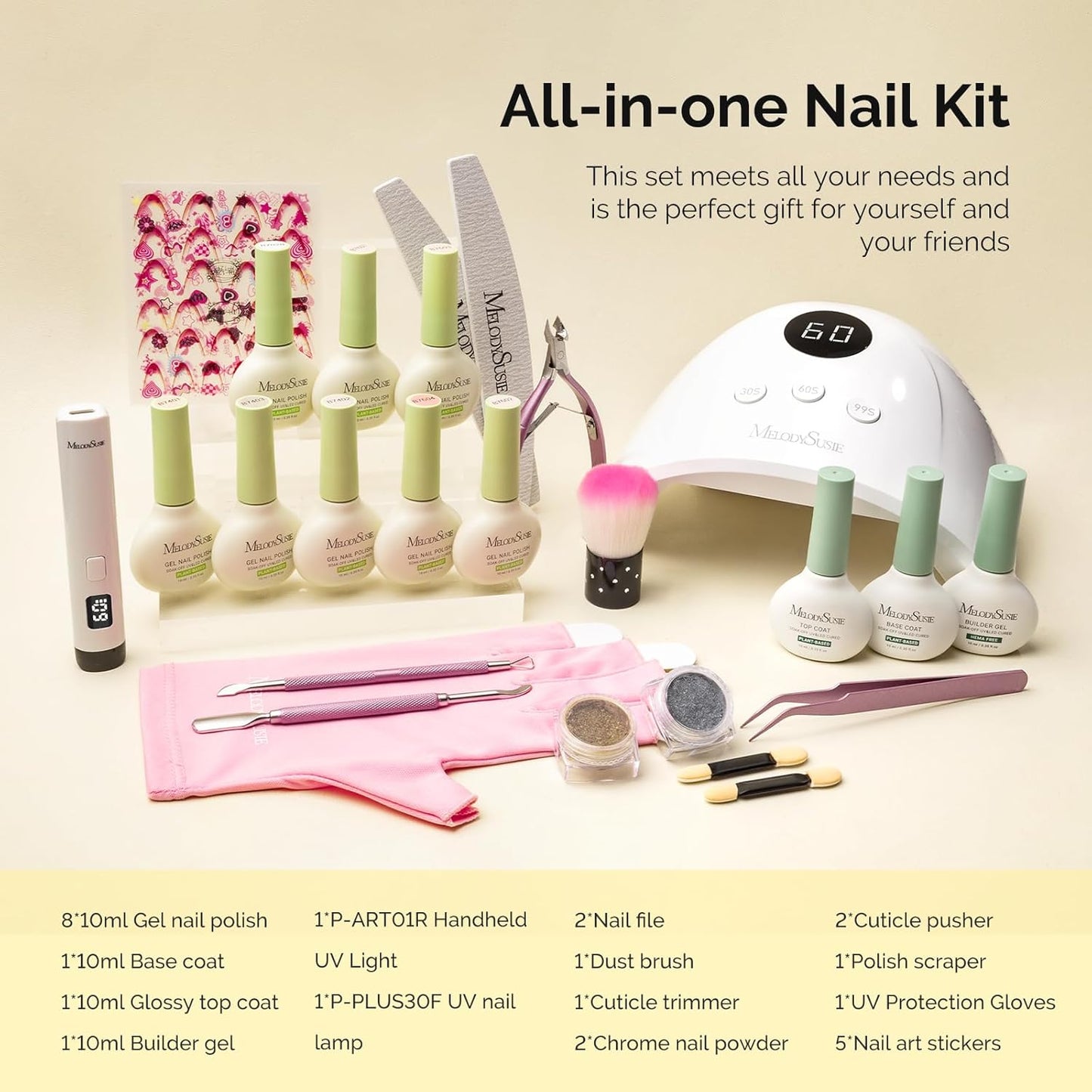 MelodySusie Gel Nail Polish Kit - Cordless UV Nail Lamp with Classic Colors & Plant-Based Gel | Manicure Tools Set