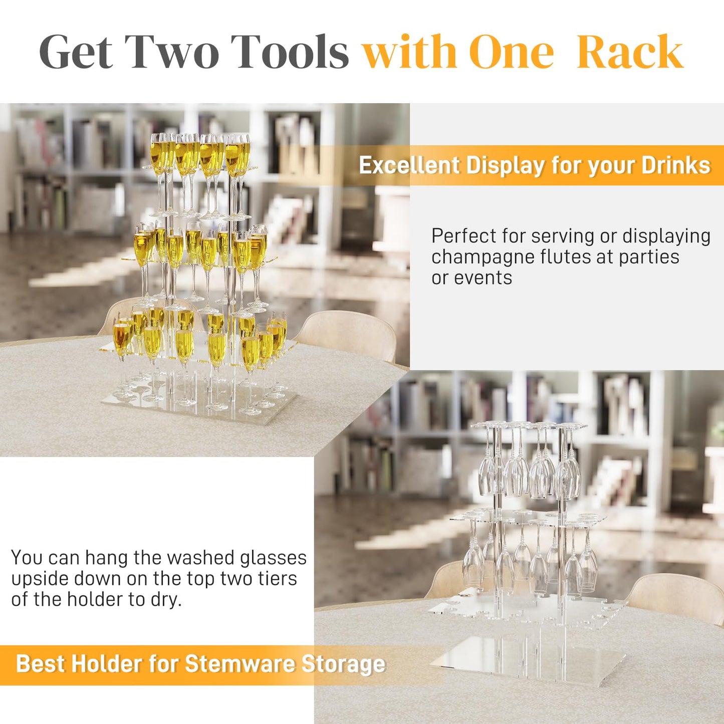 Nynelly Champagne Display Holder Stand for Party With 32 Slots, 3 Tier Acrylic Champagne Tower Wine Glass Holder, Tabletop Champagne Flutes Holder Stemware Rack with Led Strip, 19.7x11.8x26.2 inch