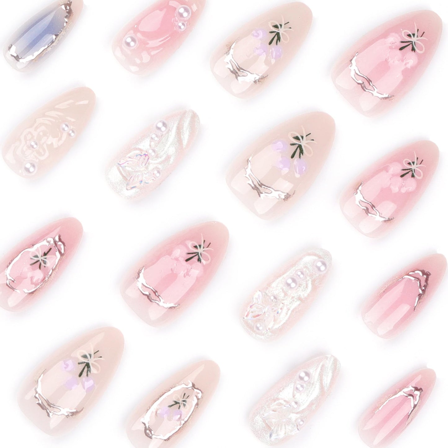 3D Flower Press On Nails Almond Shape – Medium Length Glossy Nude Pink Fake Nails with Pearls & Gold Details, Acrylic Reusable Stick On Nails for Women, Elegant Floral False Nails for Wedding Party