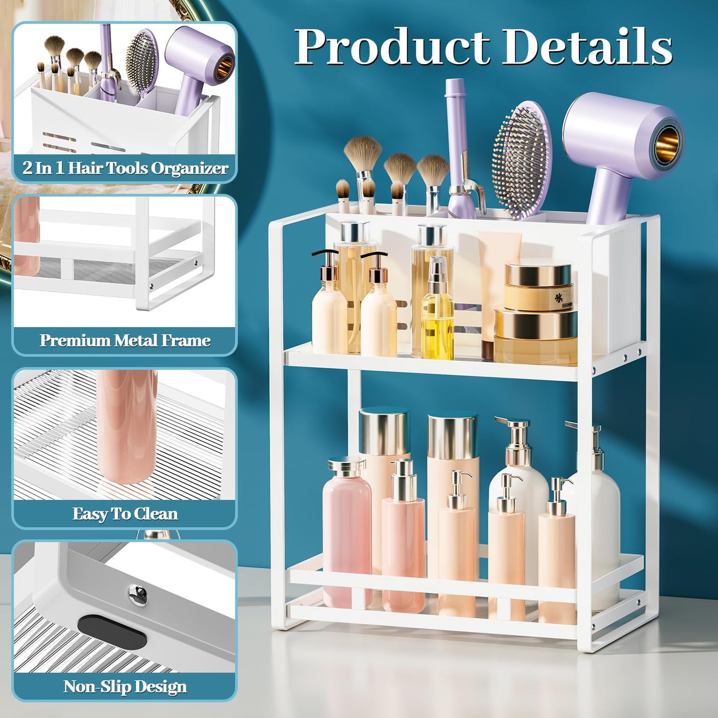 SanDream Hair Tool Organizer Bathroom Countertop, 2-Tier Metal Bathroom Organizer with Blow Dryer Holder, Large Capacity Space-Saving Vanity Shelf for Perfume, Skincare & Makeup Storage (White)