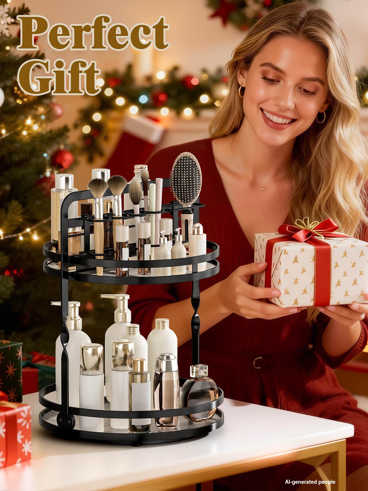 DUANFEE Rotating Makeup Vanity Organizer, 360 Spinning Perfume Organizer for Dresser, 2-Tier Black Bathroom Countertop Organizer, Lazy Susan Skincare Storage, Cosmetic Display with Makeup Brush Holder