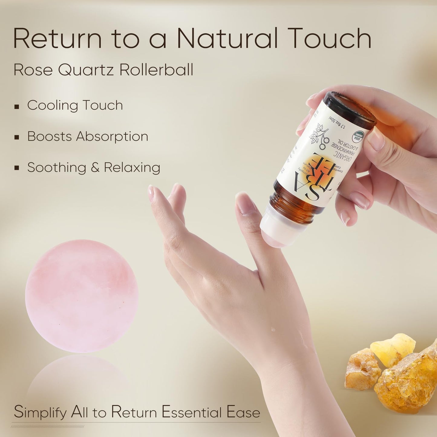 Satree Organic Castor & Frankincense Oil with Rose Quartz Rollerball - USDA Certified Essential Blend Oil Roll-On, for Face & Body, Anti-aging, Dark Circles (1.7fl oz)