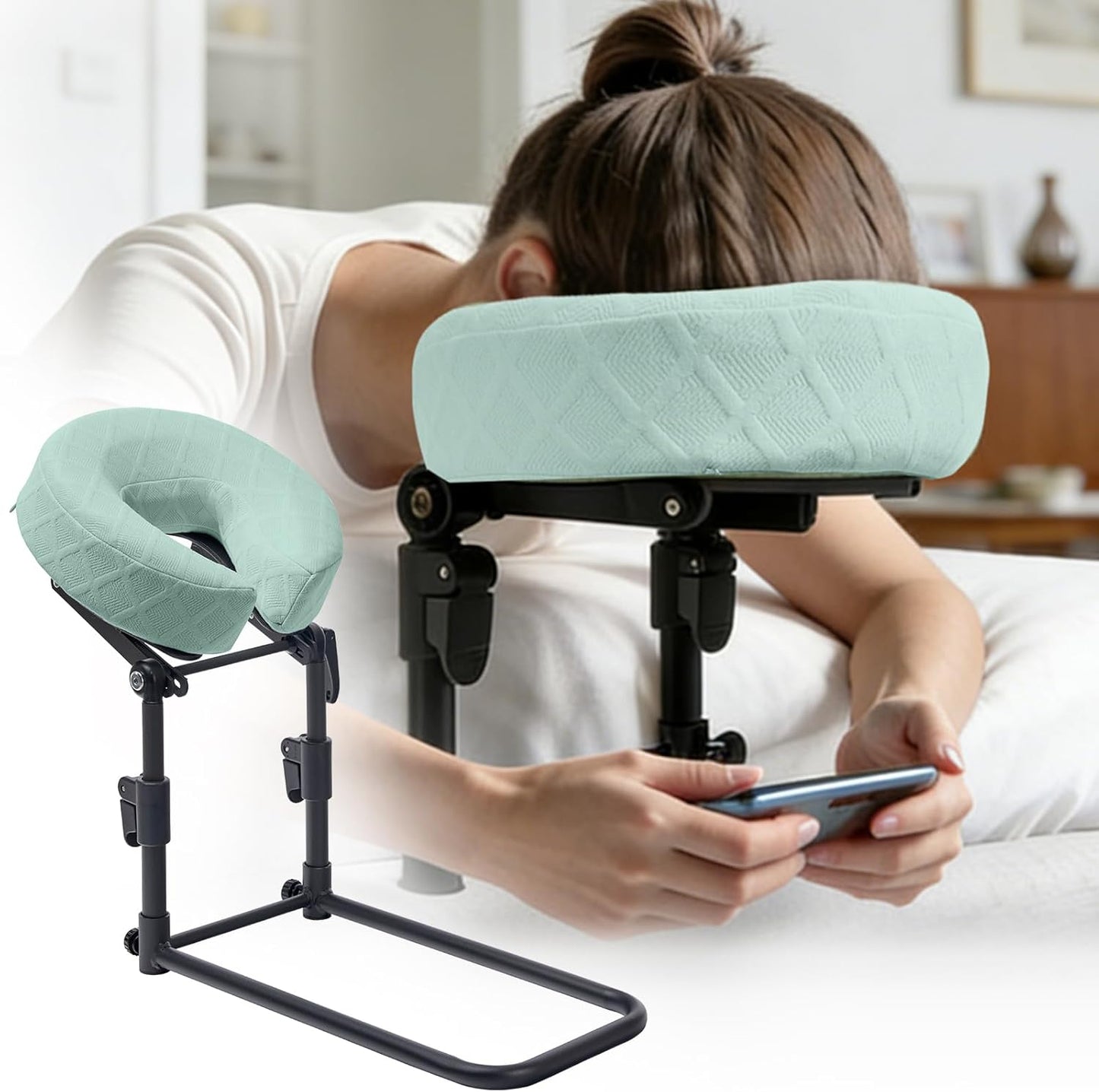 Massage Headrest for Bed - Adjustable Height Memory Foam Face Cradle | Washable Pillowcase (Green)