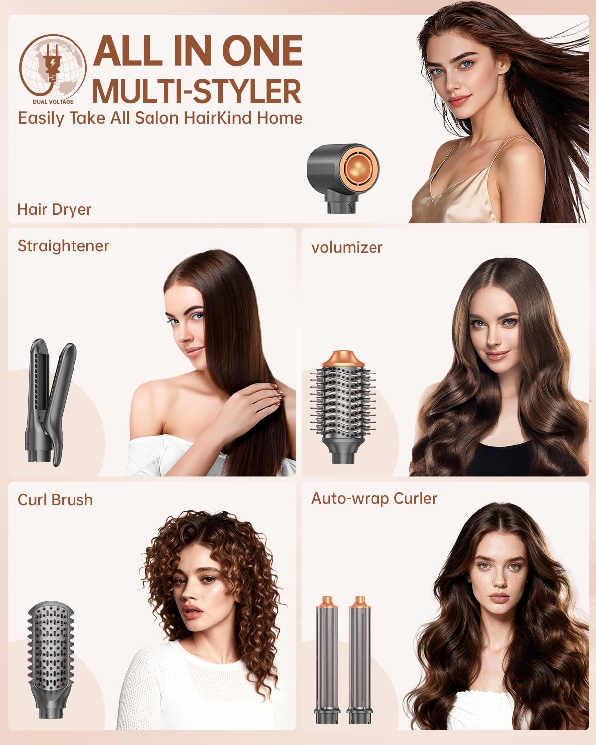 Hair Dryer Brush Air Styler - 7-in-1 Ionic Multi-Styling Tool | Fast Blow Drying, Auto Wrap Curlers, Frizz-Free Volumizer
