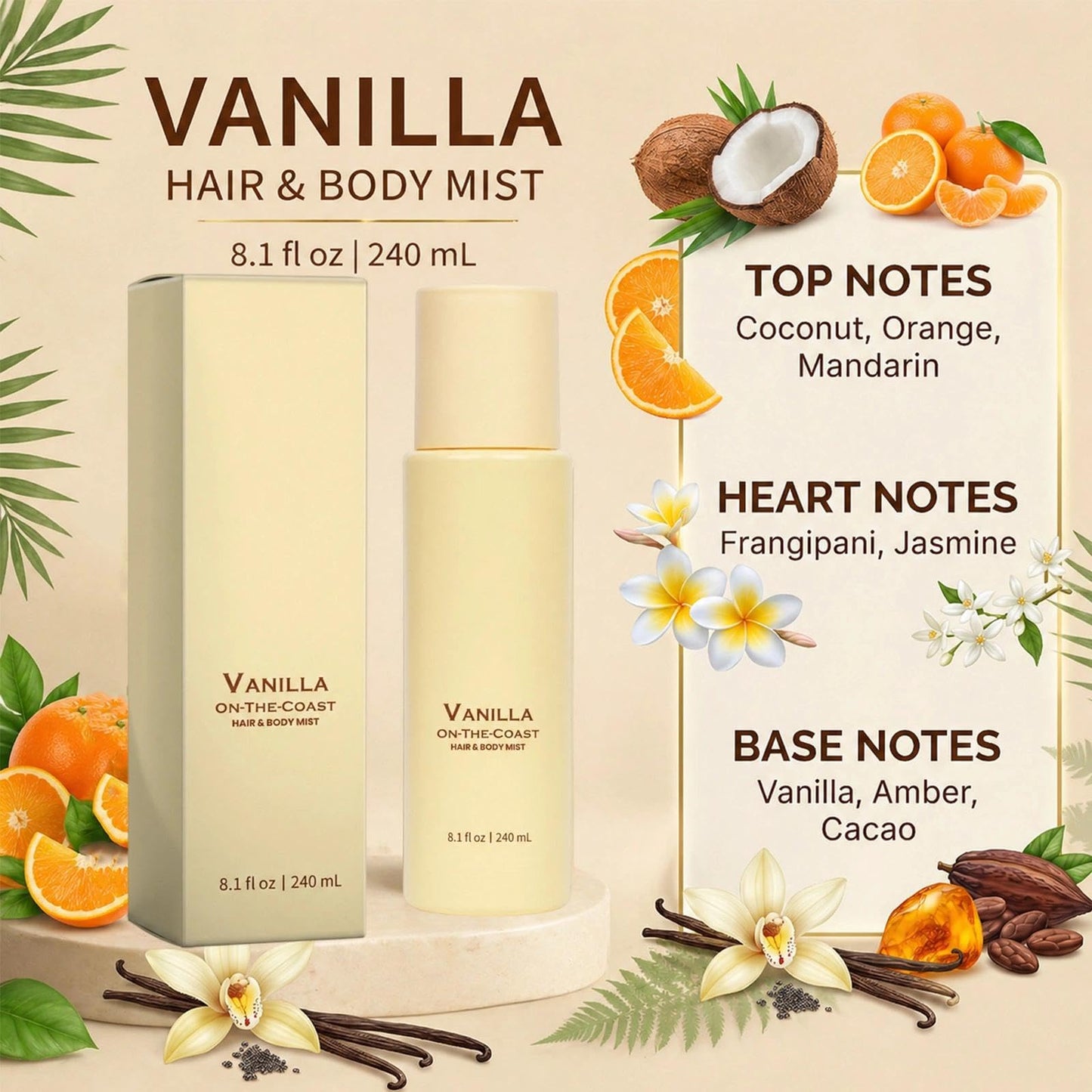 OFOBES Vanilla Beach Fragrance Spray, Vanilla on the Hair and Body Mist - Long Lasting Fragrance Spray, Natural & Vegan Beach Scent for Women, Alcohol-Free, 8.1floz