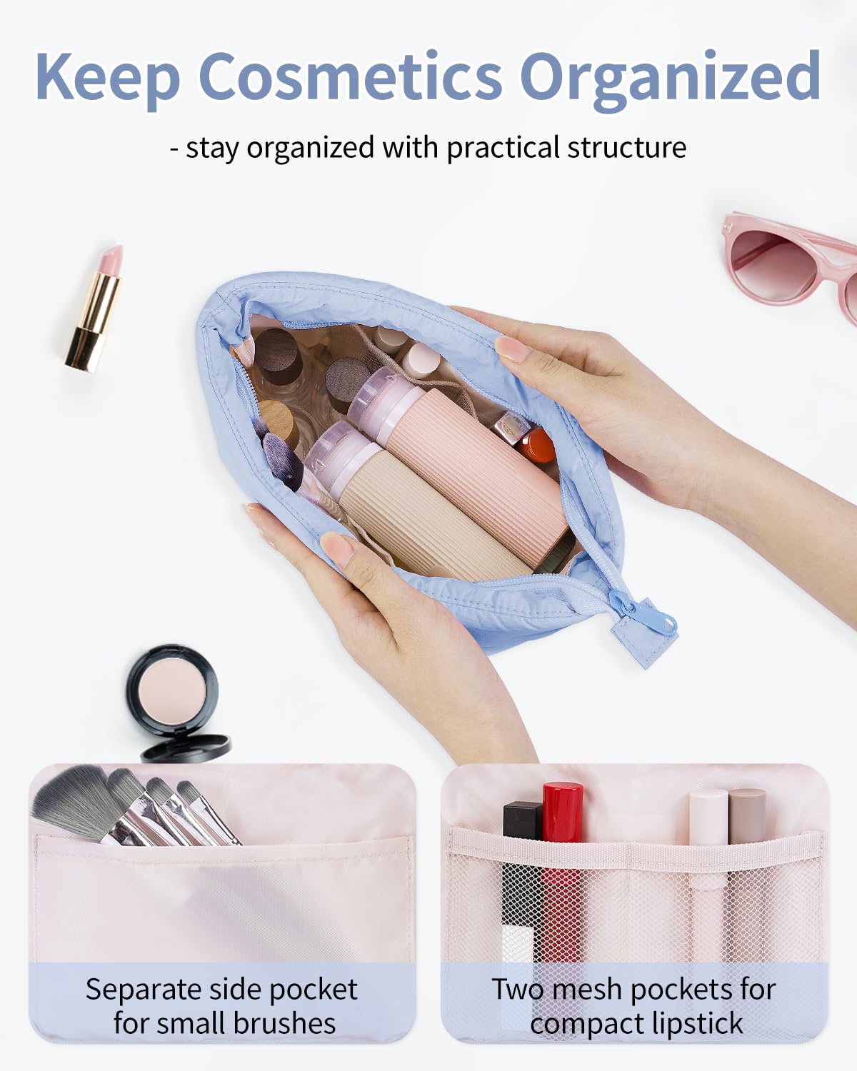 Narwey Travel Makeup Bag for Women Girl, Puffer Makeup Up Organizer Bag Cosmetic Bag, Puffy Cute Makeup Pouch Purse, Travel Toiletry Bag (Blue)