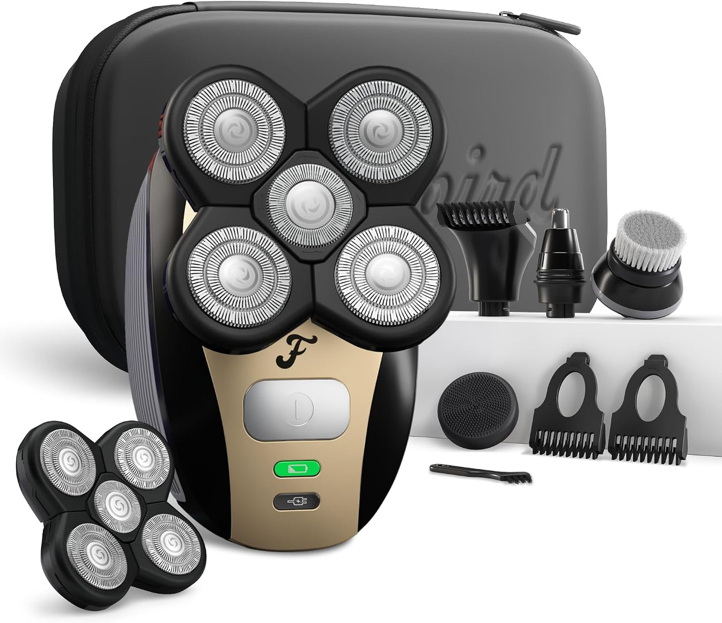 Electric Head & Body Hair Shaver - Cordless Rechargeable Wet/Dry Razor with Rotary Blades, Clippers & Trimmer | Waterproof Design