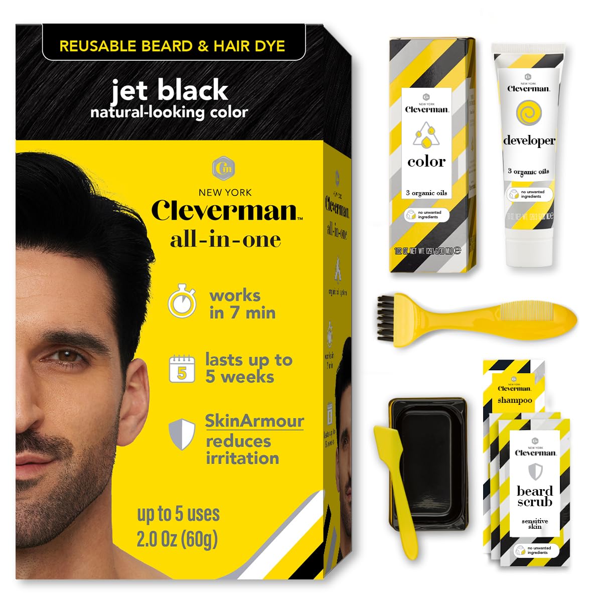 Reusable Hair & Beard Dye for Men - Medium Brown | Natural Gray Coverage, No-Drip Cream, Up to 5 Uses
