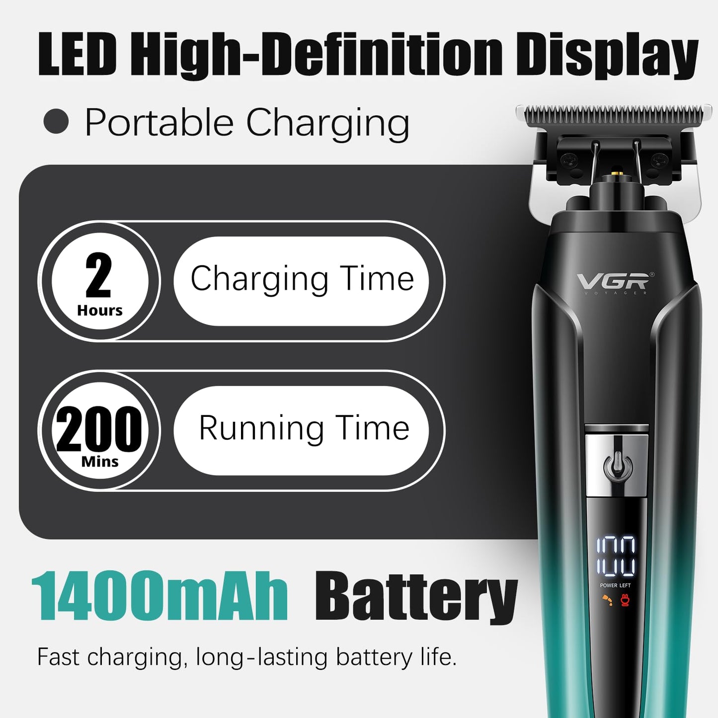VGR 694 Hair Clippers for Men, Professional Barber Clippers and Trimmers Set, Mens Cordless Hair Cutting Kit with Foil Shaver, Charging Base & LED Display(Green)
