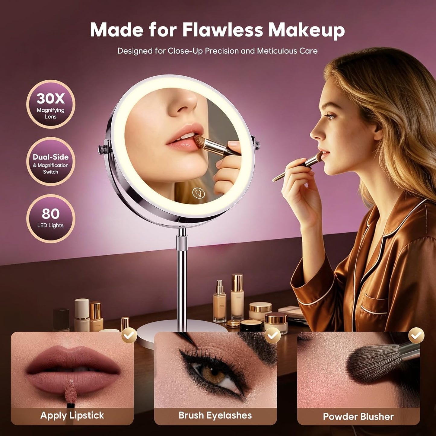 Makeup Mirror with Lights - 1X/30X Double-Sided Magnifying | Brightness Adjustable, 360° Rotation, Ideal Gift for Women