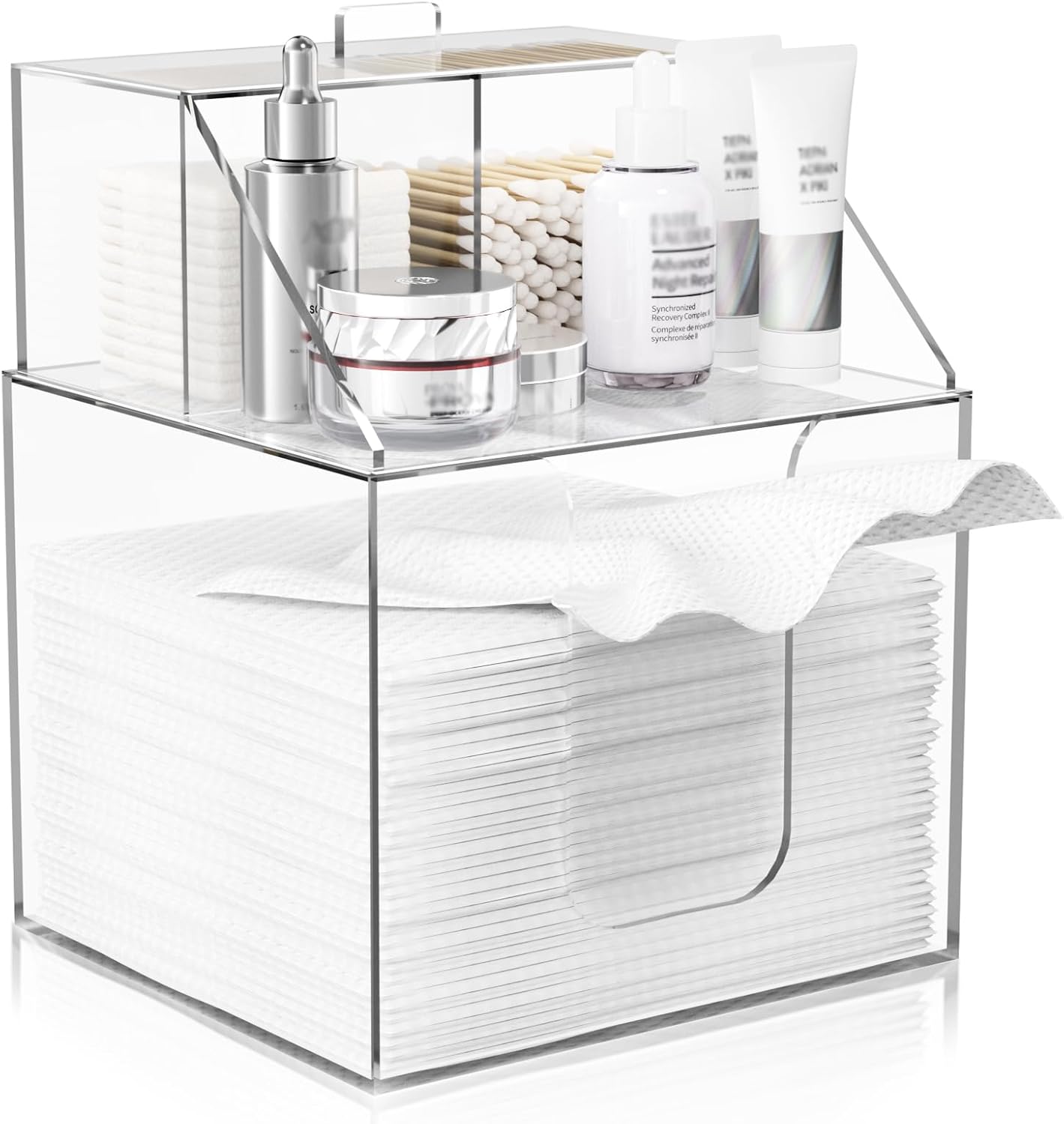 Acrylic Face Towels Holder - Premium Double Layer Design | Waterproof Cosmetic Container for Bathroom Counter | Upgraded 4-in-1 Size