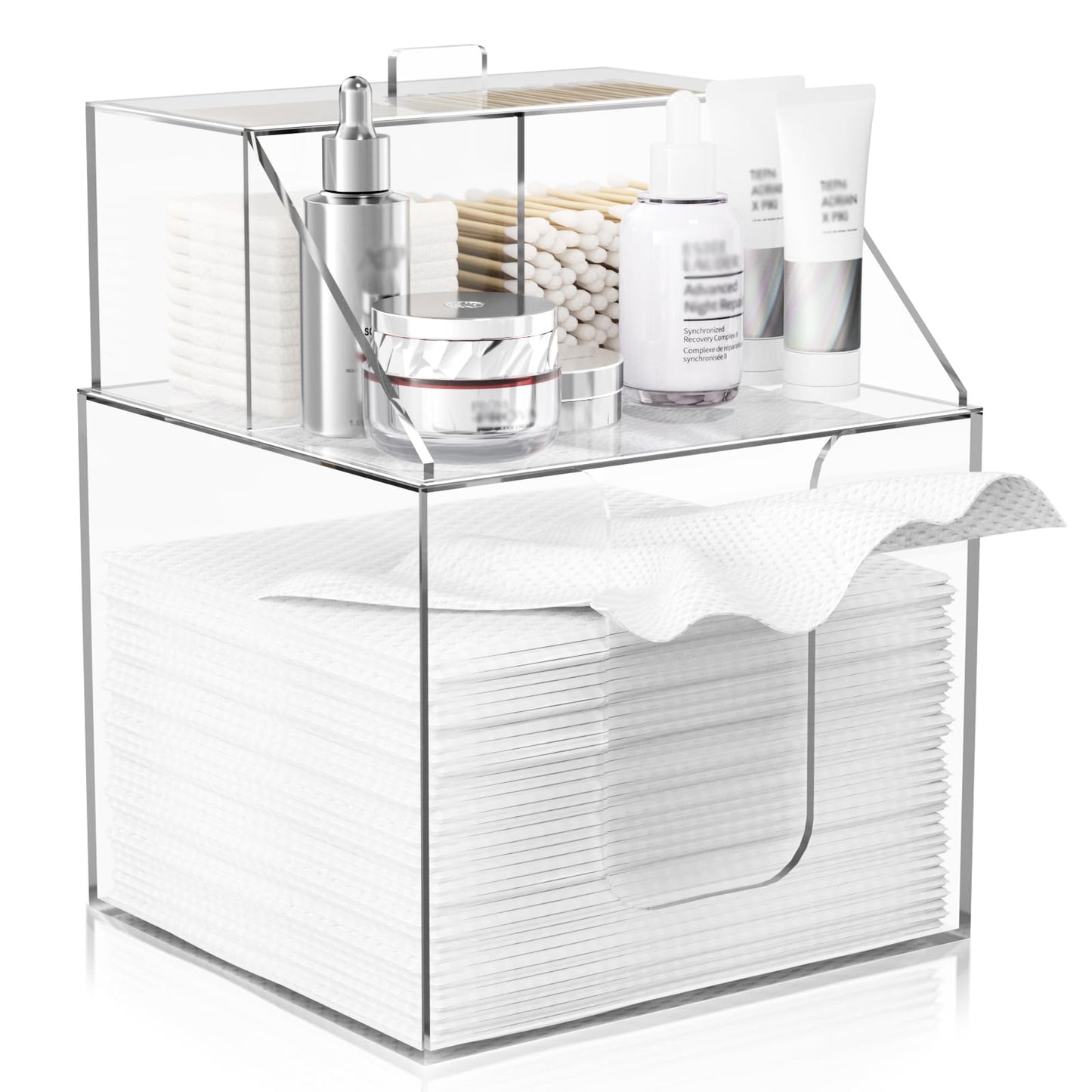 Upgraded Double Layer Face Towels Holder Compatible with Clean Skin Club Clean Towel XL 4-in-1 Acrylic Clean Towels Holder for Cotton Pads & Swabs Bathroom Counter Organizer Clear Face Towel Container