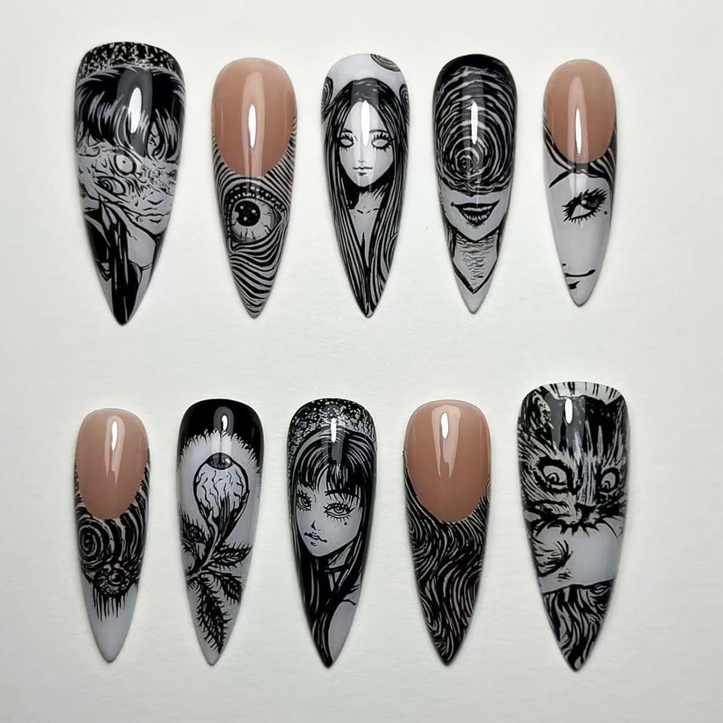 Gothic Press On Nails - Long Stiletto Acrylic Nails with 3D Metal Balls | Dark Red Gradient, 24 Pcs
