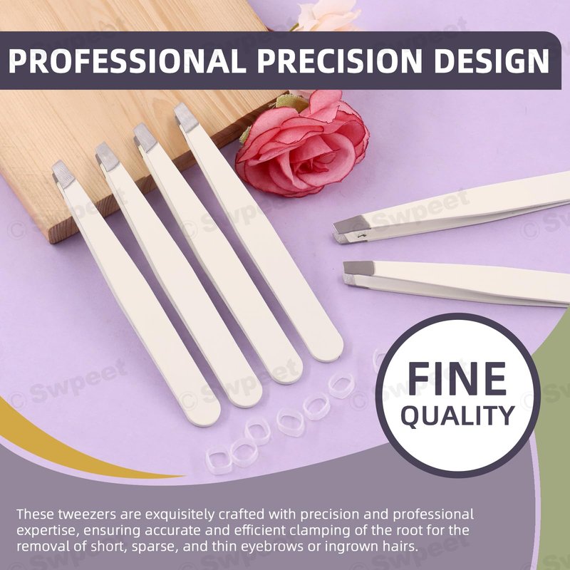 Swpeet 12Pcs 3.79 Inches Pink Eyebrow Tweezers Stainless Steel Slant Tip Tweezers Kit, Professional Eyebrow Facial and Hair Remover, Slant Pointed Precision Tweezers Fits for Men and Women