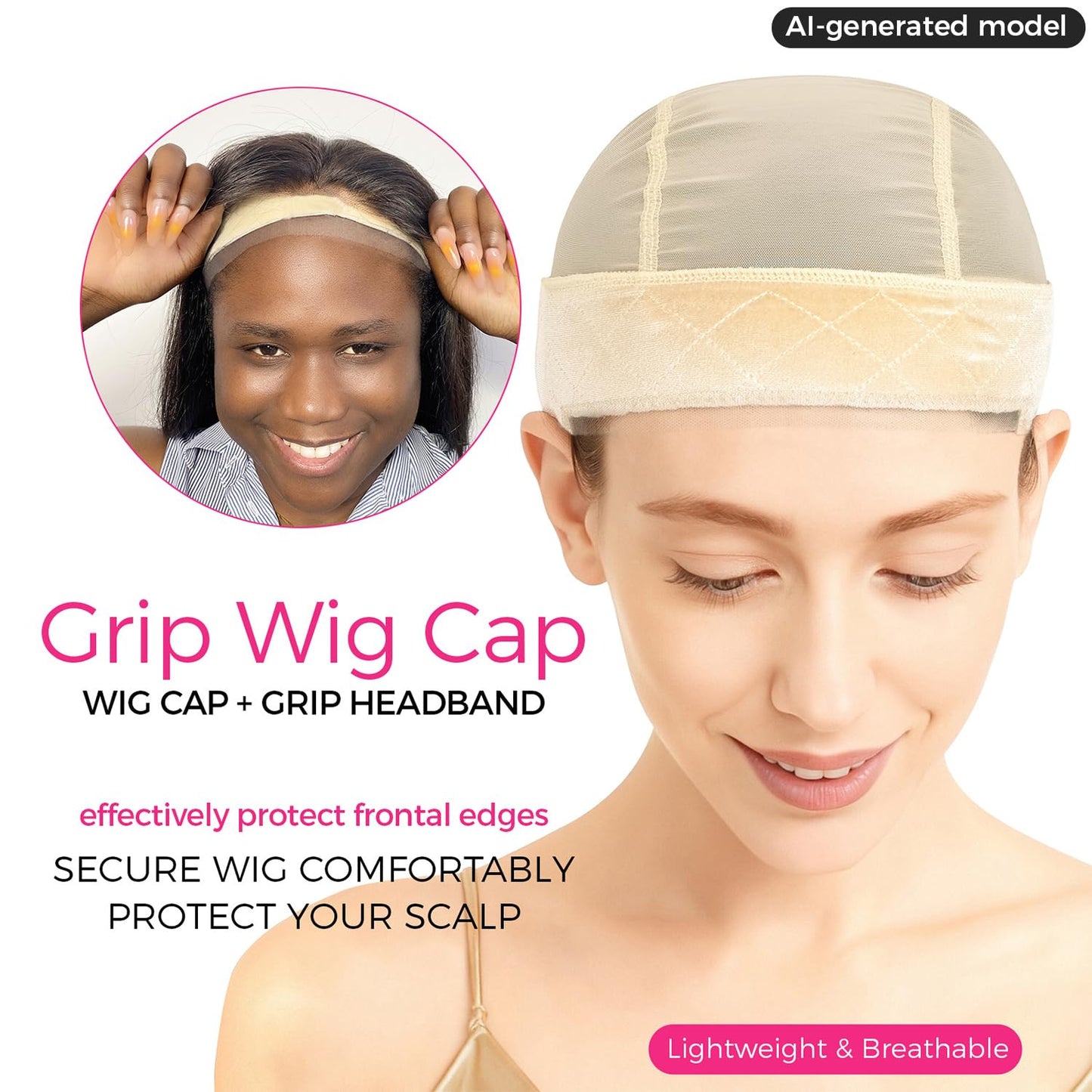 LABHAIR Wig Grip Cap with Lace Edge – Non Slip Adjustable Wig Cap with Grip Band for Women, Glueless Breathable Under Wig Cap for Natural Hairline, One Size Fits All, Nude