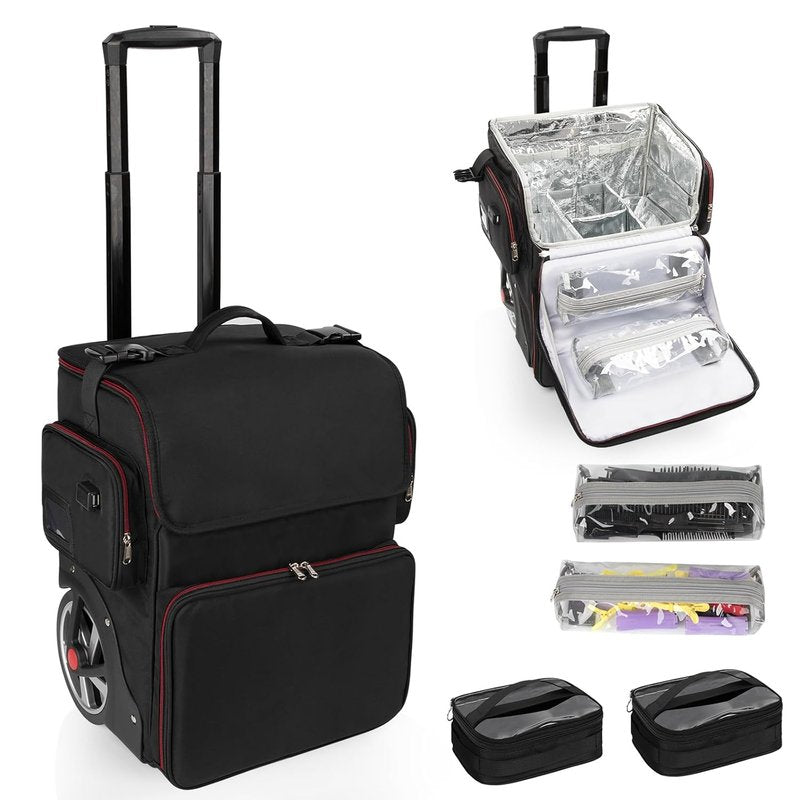 Makeup Train Case - Large Cosmetic Organizer for Hairstylists | Heat Insulation, Detachable Pouch, Trolley with Wheels