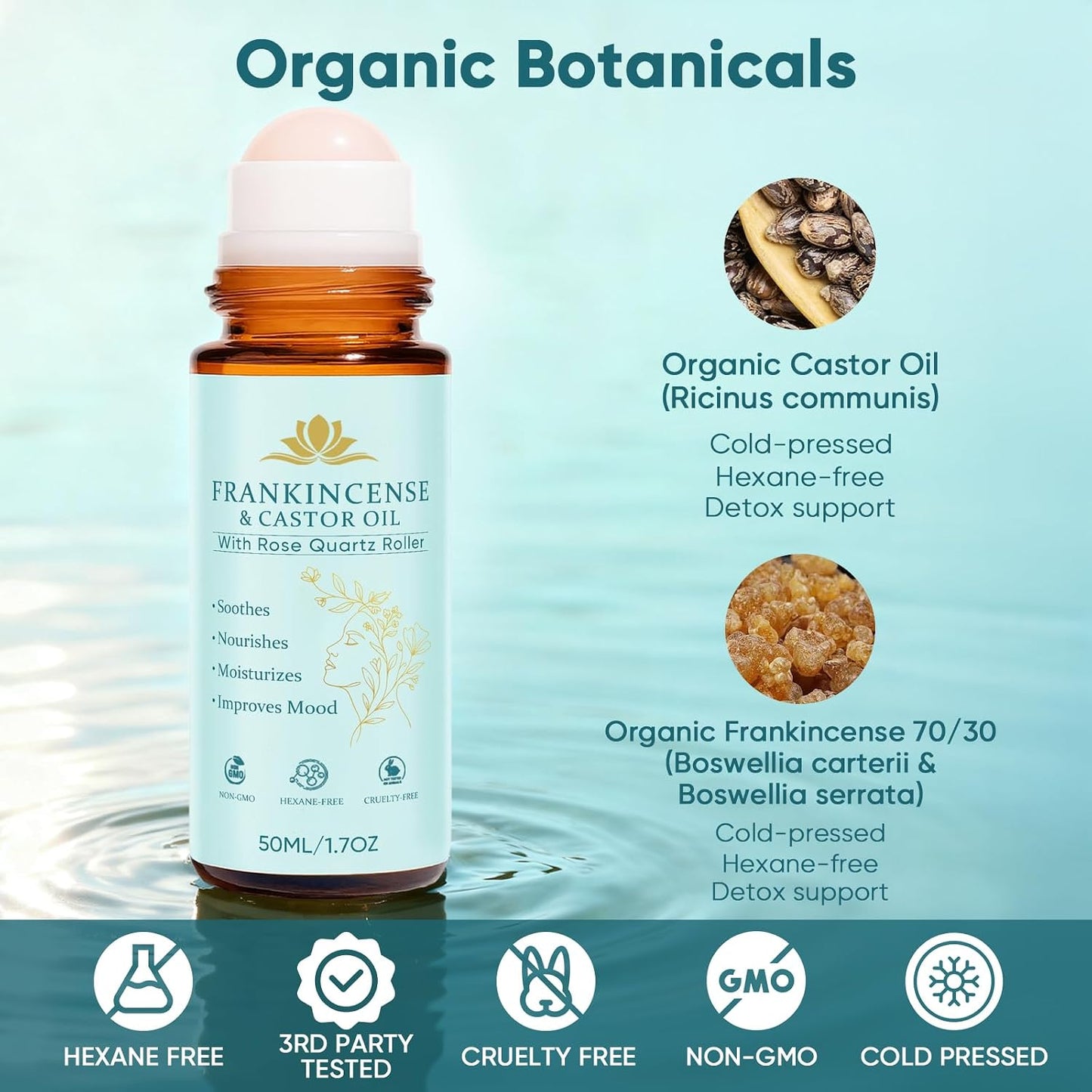Organic Frankincense & Castor Oil Roller Ball - 100% Pure Cold-Pressed | Firms Skin & Reduces Fine Lines - 50ML/1.7OZ