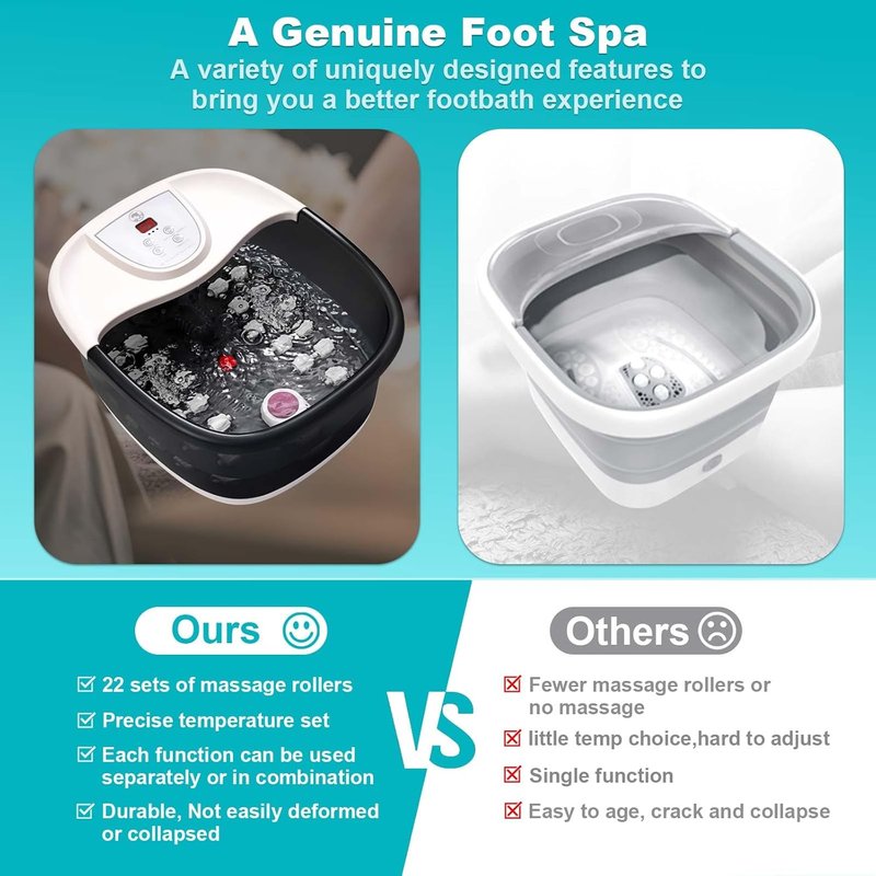 Foot Spa Bath Massager with Heat | 22 Massage Rollers, Temperature Control, Jets & Bubbles - Black