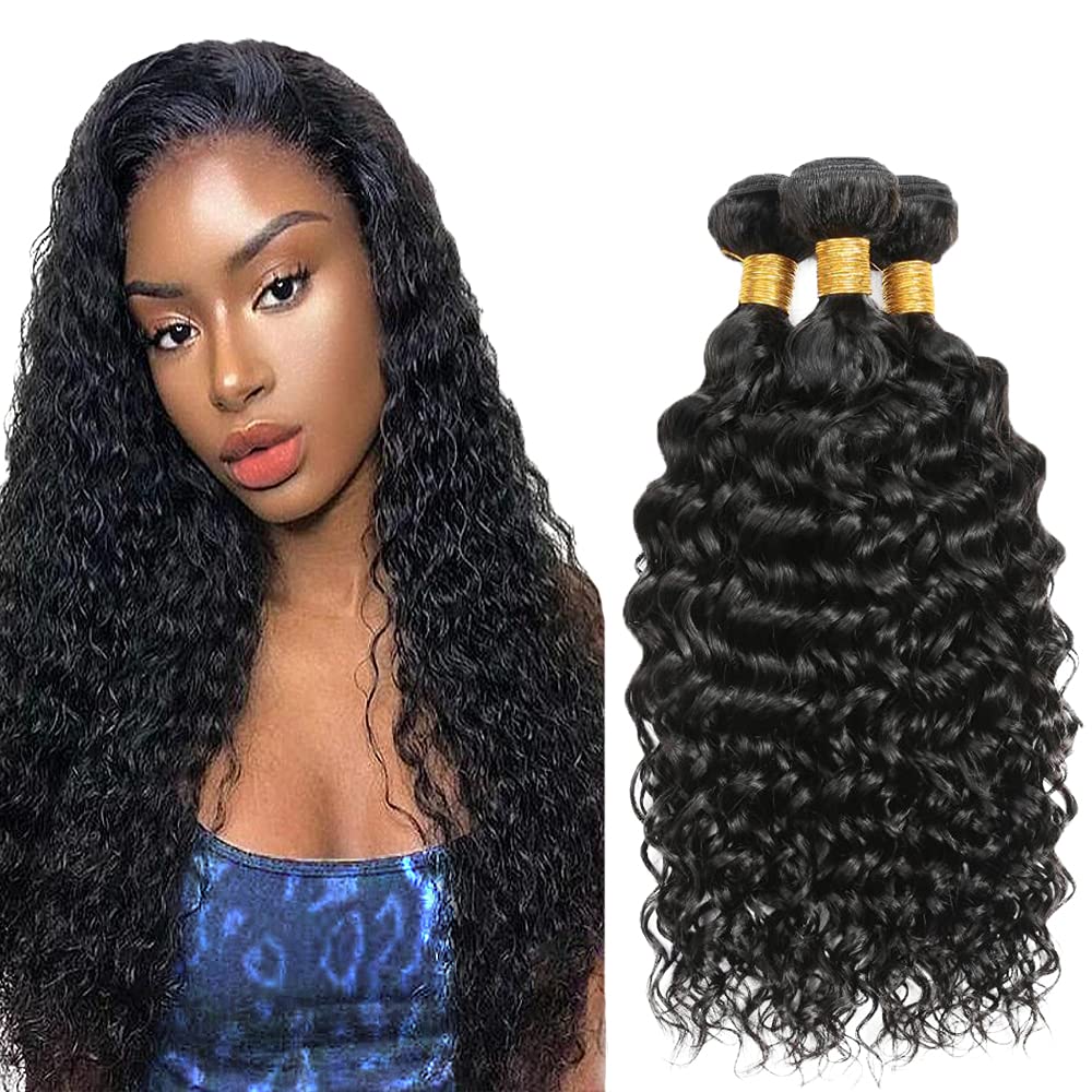 26 28 30 Inch Water Wave Bundles Human Hair 3 Bundles 50 Grams Per Bundle 10A Grade Unprocessed Brazilian Virgin Hair #1B Natural Color Water Wave Bundle Weaves Extensions for Black Women