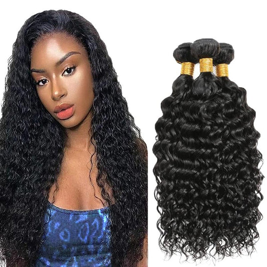 26 28 30 Inch Water Wave Bundles Human Hair 3 Bundles 50 Grams Per Bundle 10A Grade Unprocessed Brazilian Virgin Hair #1B Natural Color Water Wave Bundle Weaves Extensions for Black Women