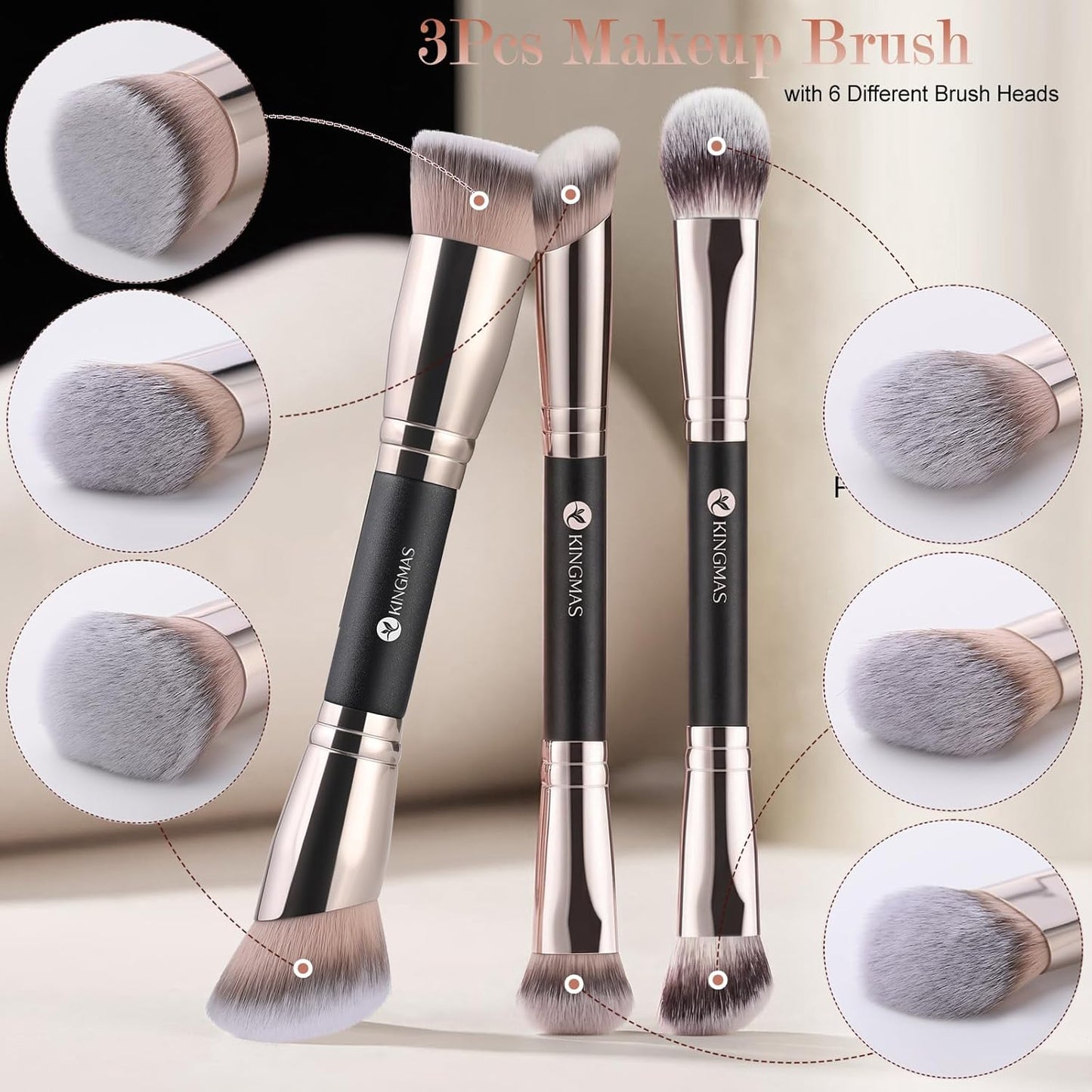 Foundation Concealer Contour Brush Set - 3 Dual-Ended Makeup Brushes for Liquid & Powder | Cruelty-Free & Vegan
