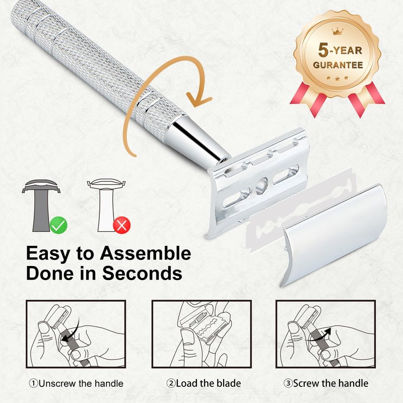 Shiny Silver Double Edge Safety Razor, Single Blade Razors for Men and Women, with 10 Stainless Steel Safety Razor Blades, Smooth Close Shaving, Plastic Free