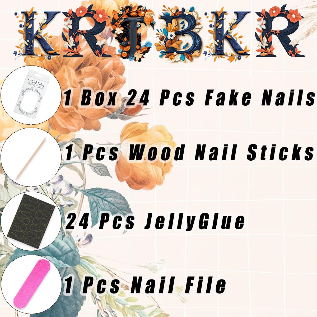 24Pcs Flower Press On Nails - Medium Almond 3D Floral Design with Gold Lines | Cute Spring Full Cover Fake Nails
