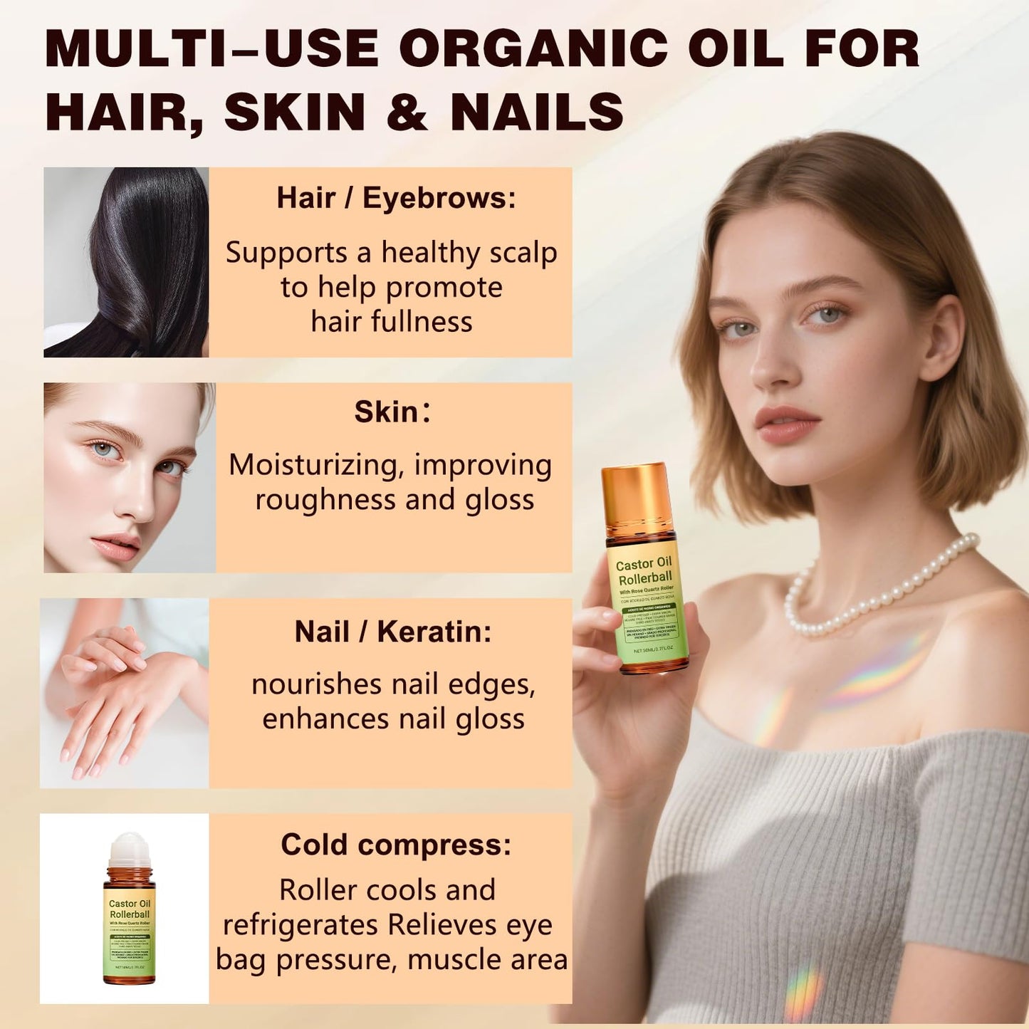2pack Rose quartz castor oil roll-on applicators, 100% cold-pressed moisturizing oil, with rose quartz roll-on applicator - suitable for face, body, hair, and eyebrows, moisturizes skin