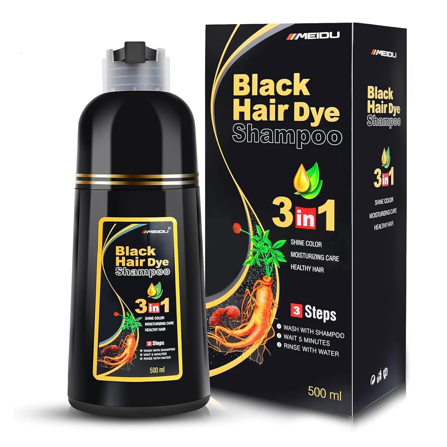 Black Hair Dye Shampoo - 3 in 1 Semi-Permanent Gray Coverage for Color-Treated Hair | 500ml