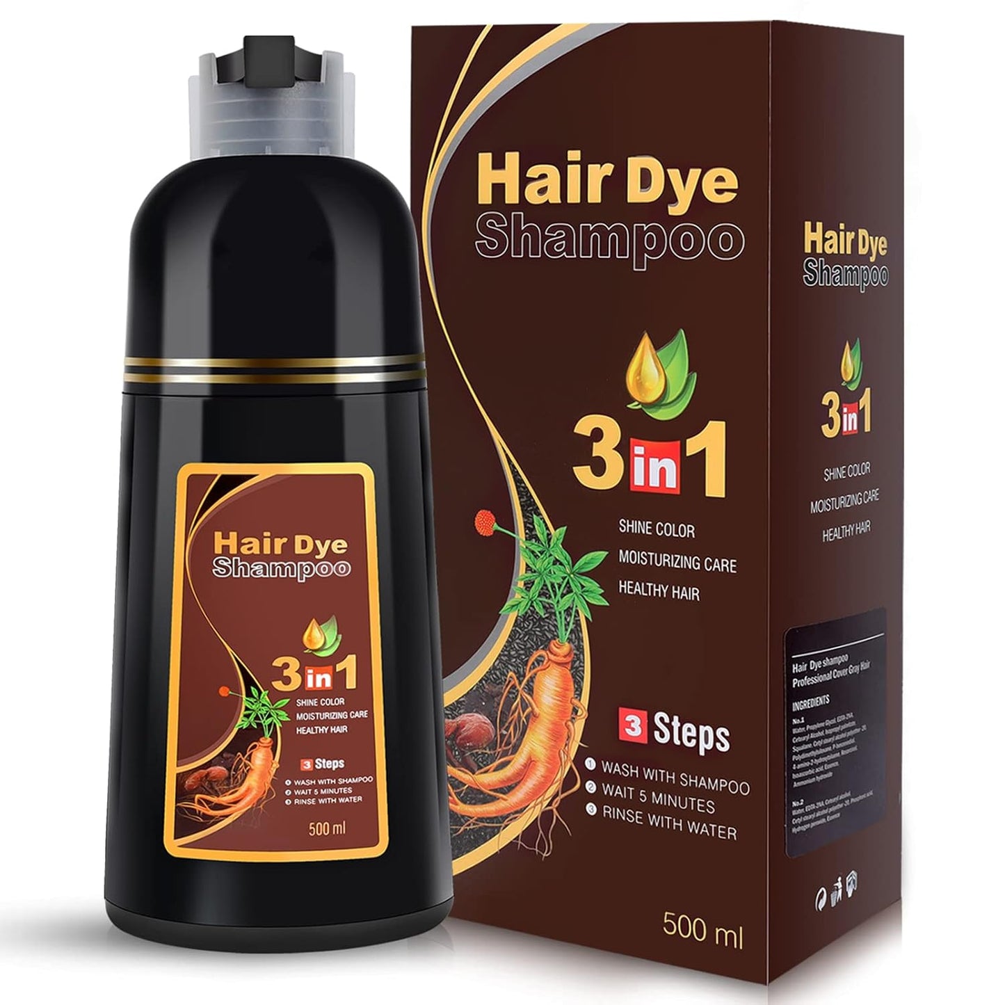 Black Hair Dye Shampoo - 3 in 1 Semi-Permanent Gray Coverage for Color-Treated Hair | 500ml