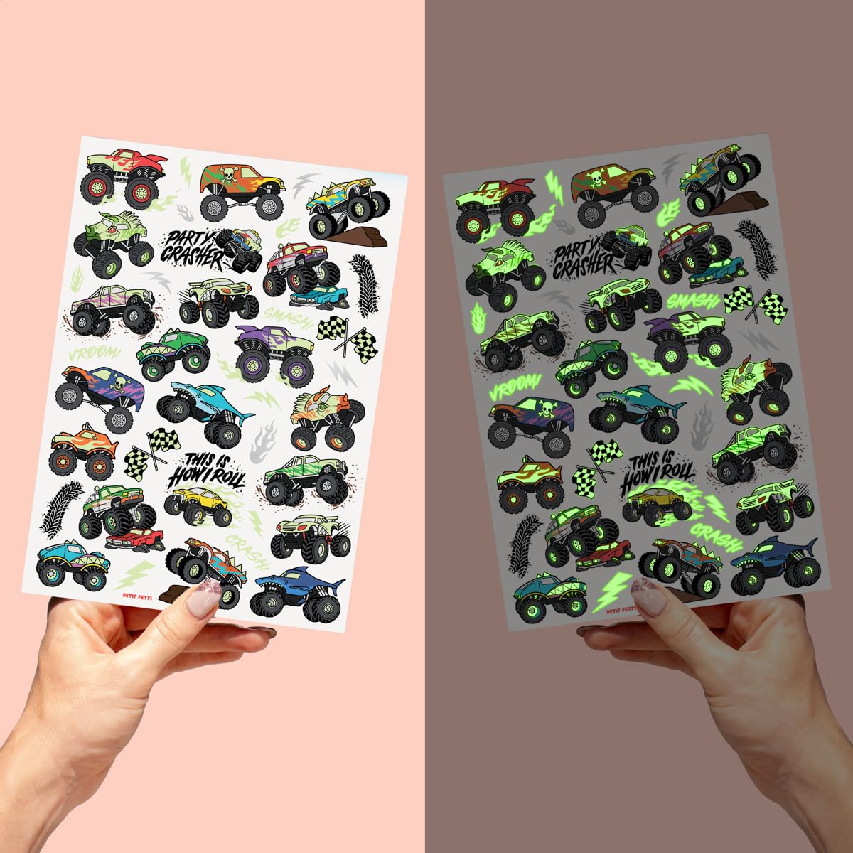 Glow In The Dark Monster Truck Temporary Tattoos - 50 Unique Foil Designs | Perfect for Boys' Birthday Parties, Race Car Favors, Kids Crafts