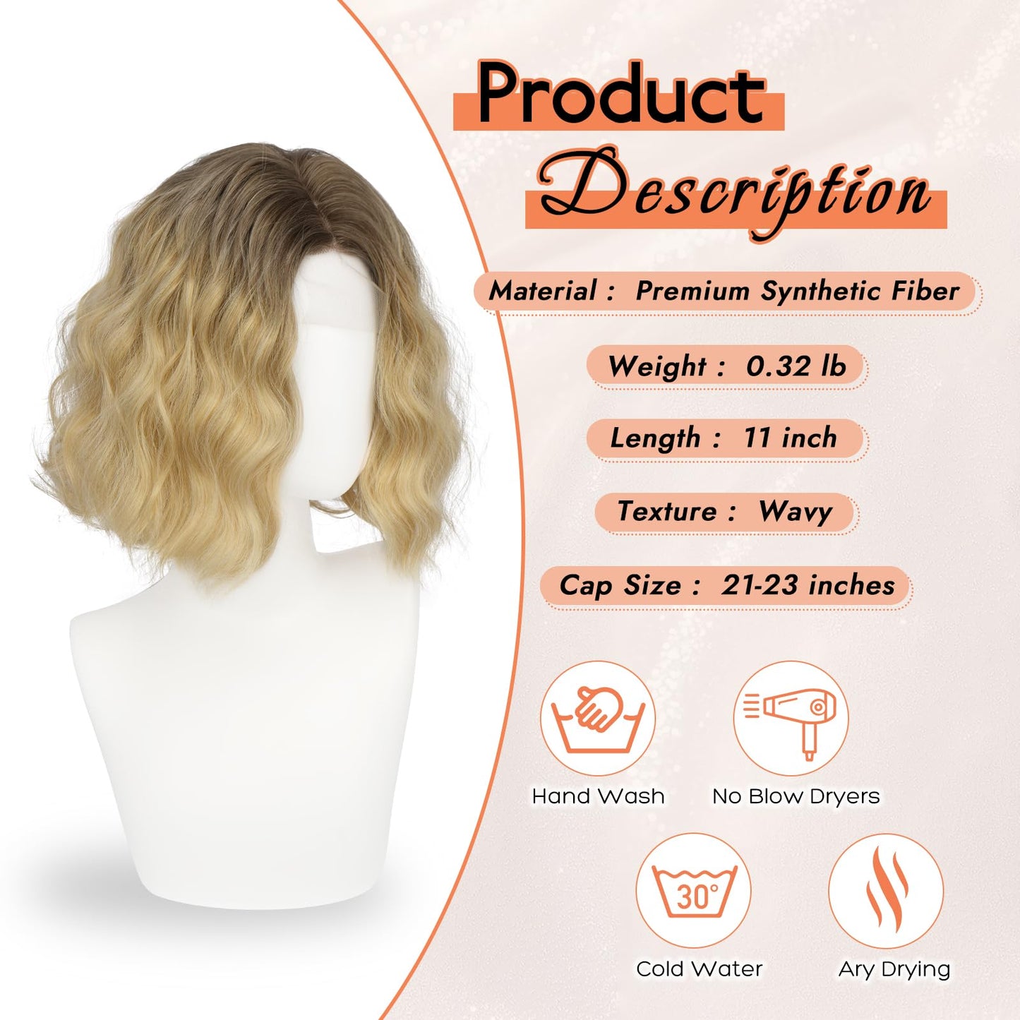 Haloo Blonde Bob Wig for Women Lace Front Hairline Short Soft Wavy Curly Natural Looking Middle Part Synthetic Hair Wigs for Daily Party, 11 Inch Ombre Blonde
