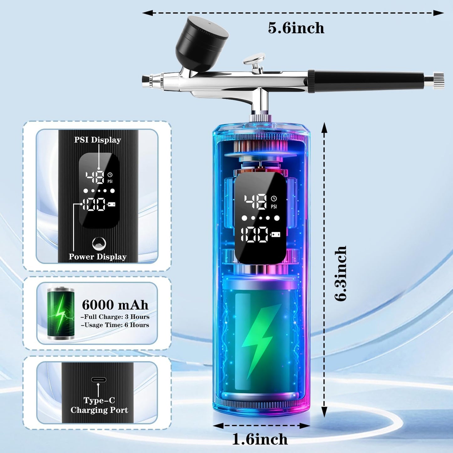 Airbrush Kit - Portable 48PSI Compressor with 0.3mm Nozzle for Nail Art, Makeup & Painting | 6000 mAh Battery