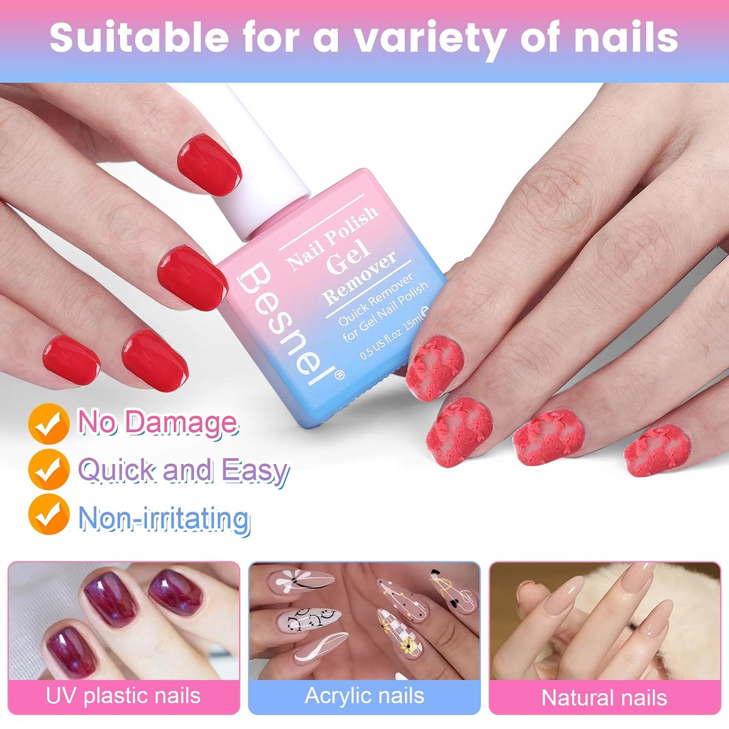 Professional Gel Nail Polish Remover | Non-Irritating Formula for Quick & Easy Removal - Complete Kit with Nail File & Cuticle Pusher