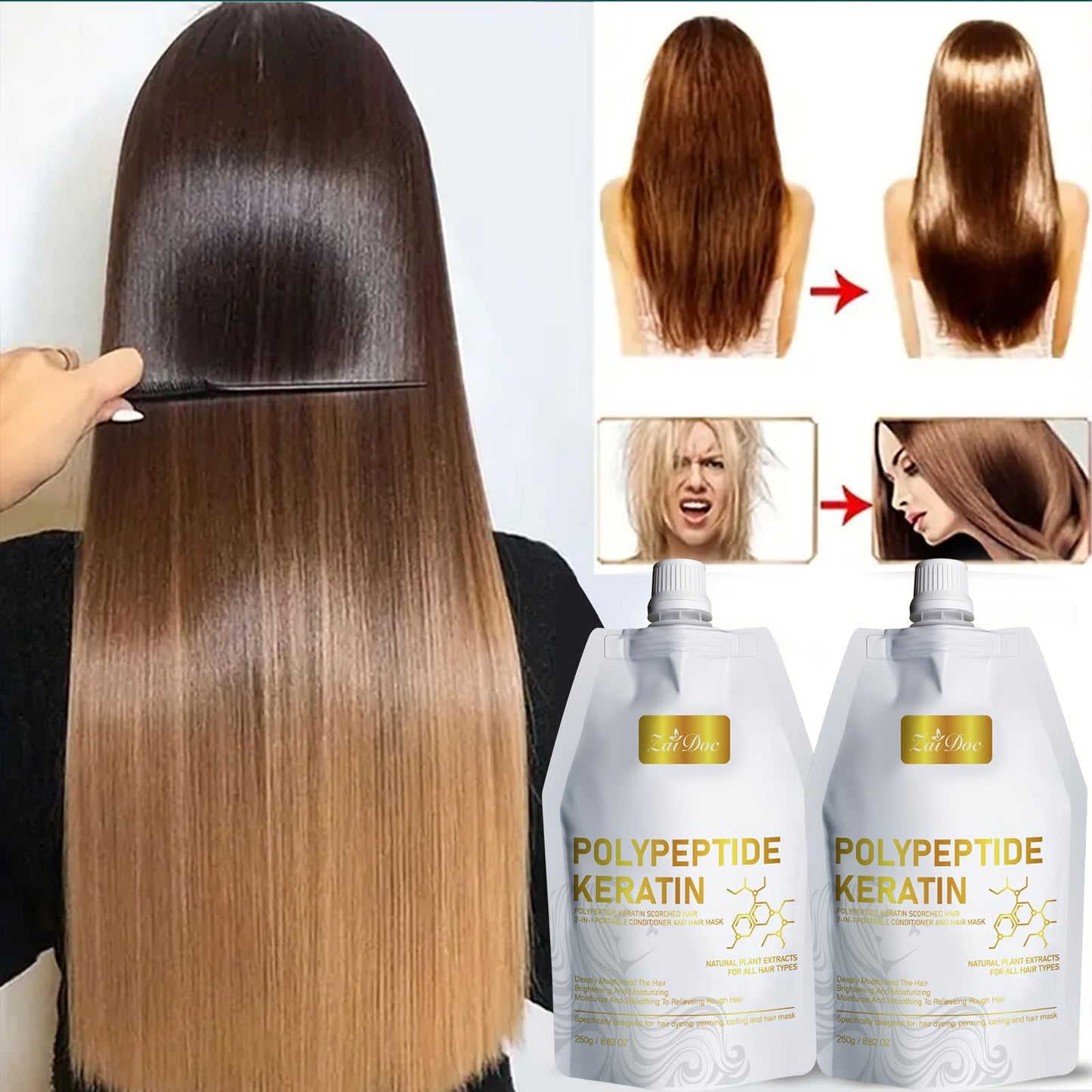 ZAIDOC Keratin Hair Mask, 2 Pcs Peptide Deep Conditioner Treatment for Damaged, Dry, Color Treated Hair, Intensive Repair with Jojoba&Rosemary Oil, 8.82oz