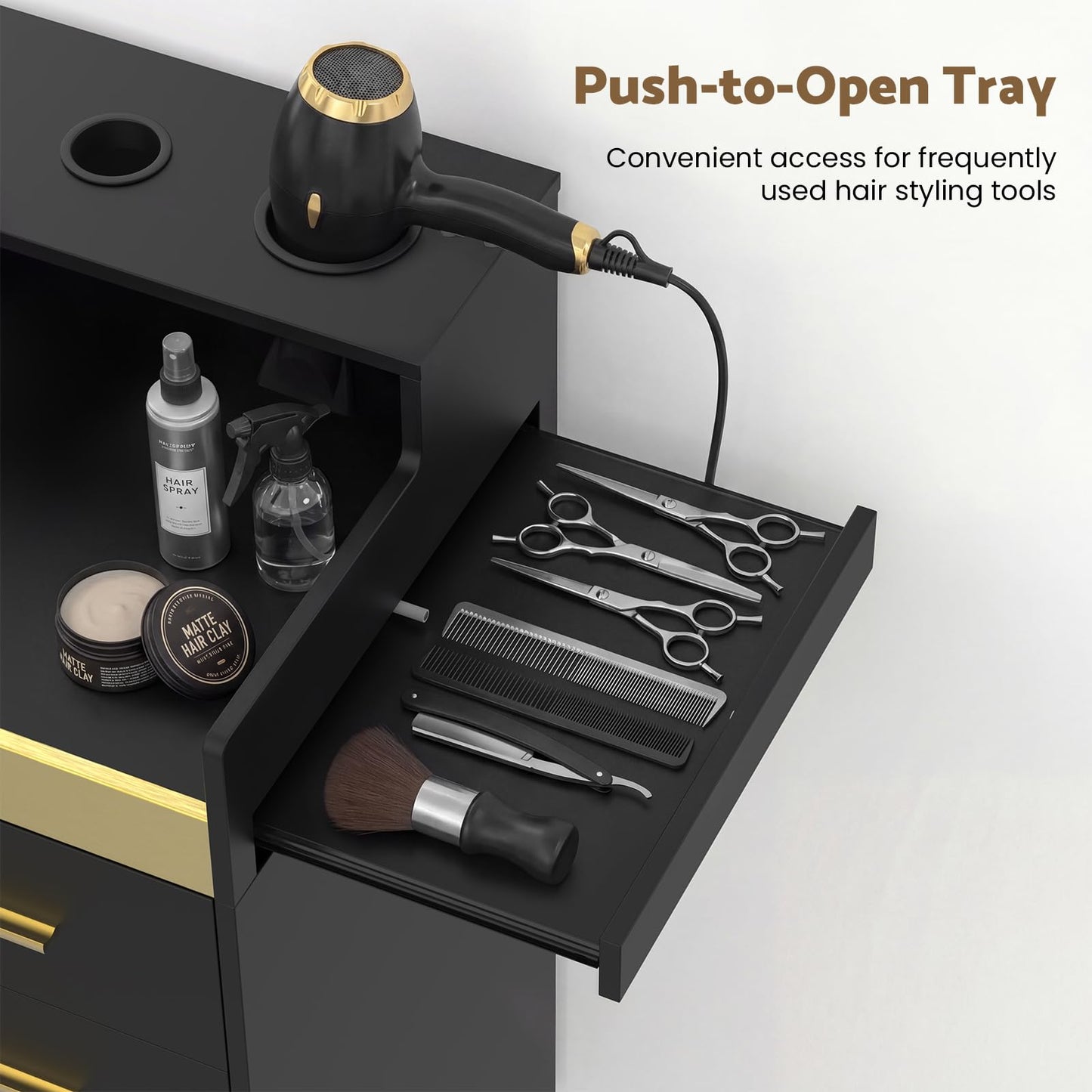 Oakvera Salon Station for Hair Stylist, Barber Station Salon Storage Systems with 3 Hot Tools Holders, a Tray, a Large Storage Cabinet & 2 Drawers for Barbershop, Beauty & Nail Salon, Black