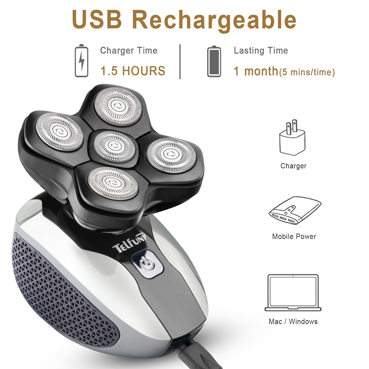 Detachable Head Shavers - Telfun Upgrade 5-in-1 Electric Head Shavers for Bald Men, 100% Waterproof Cordless Razor, Wet/Dry Shaving, 5 Dual Track Heads, Mess-Free Hair Capture (Black)