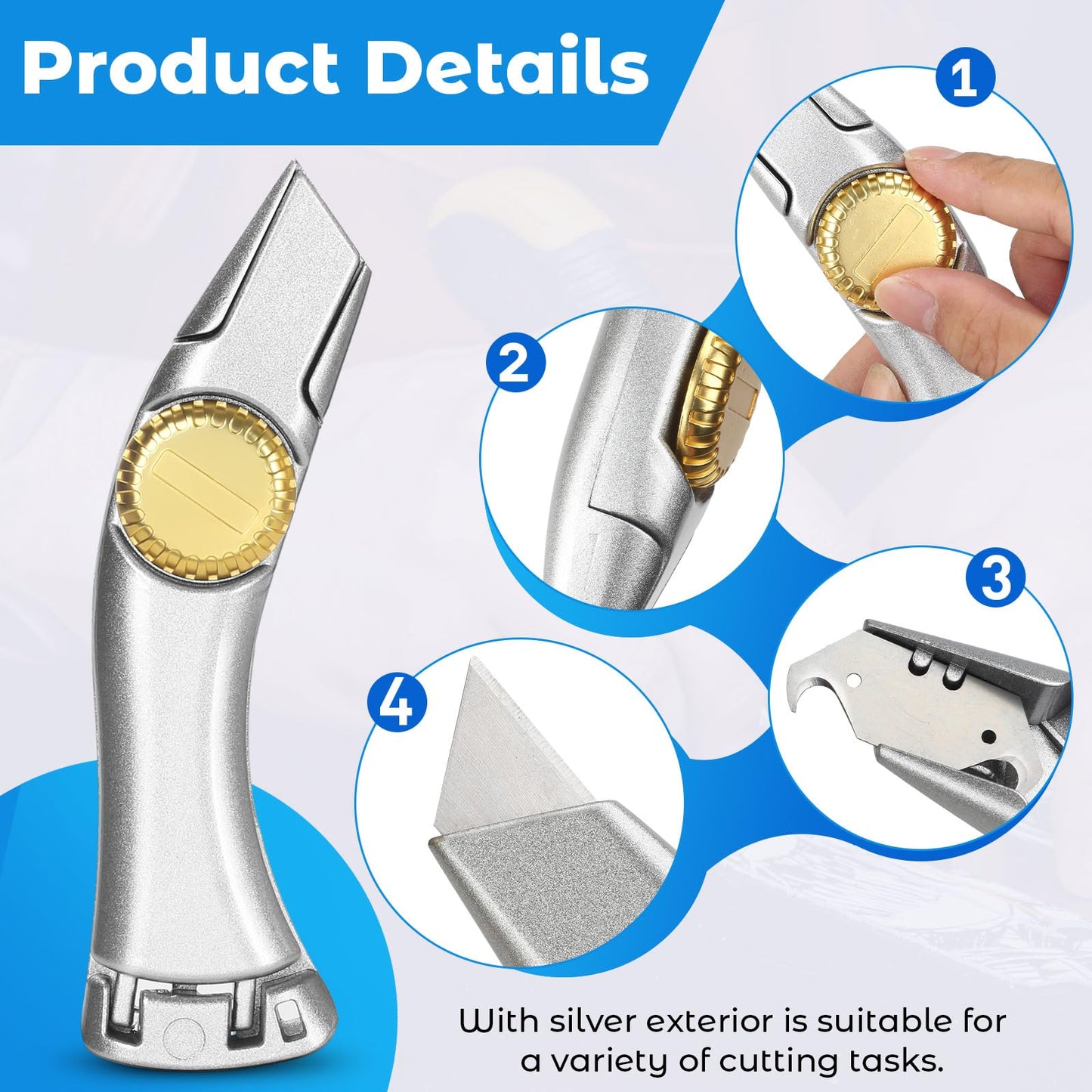 lizenoz 2PCS Silver Fixed Blade Roofing Knife Utility Knife with 3 functions for 6 blades Box Cutter with Holster Belt Clip Roofing Tools for Carpet, Outdoor Indoor Construction Marking