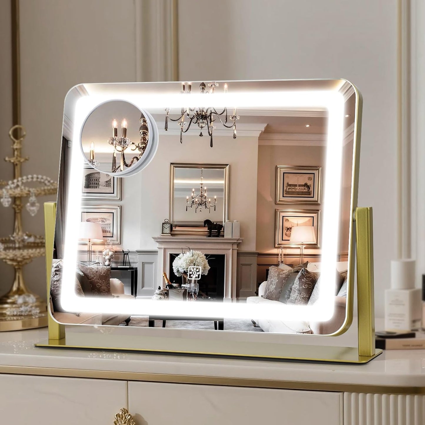 LED Makeup Mirror with Lights - 15" x 12.2" Dimmable Vanity Mirror with Smart Touch & 3-Color Lighting | 360° Rotation, White