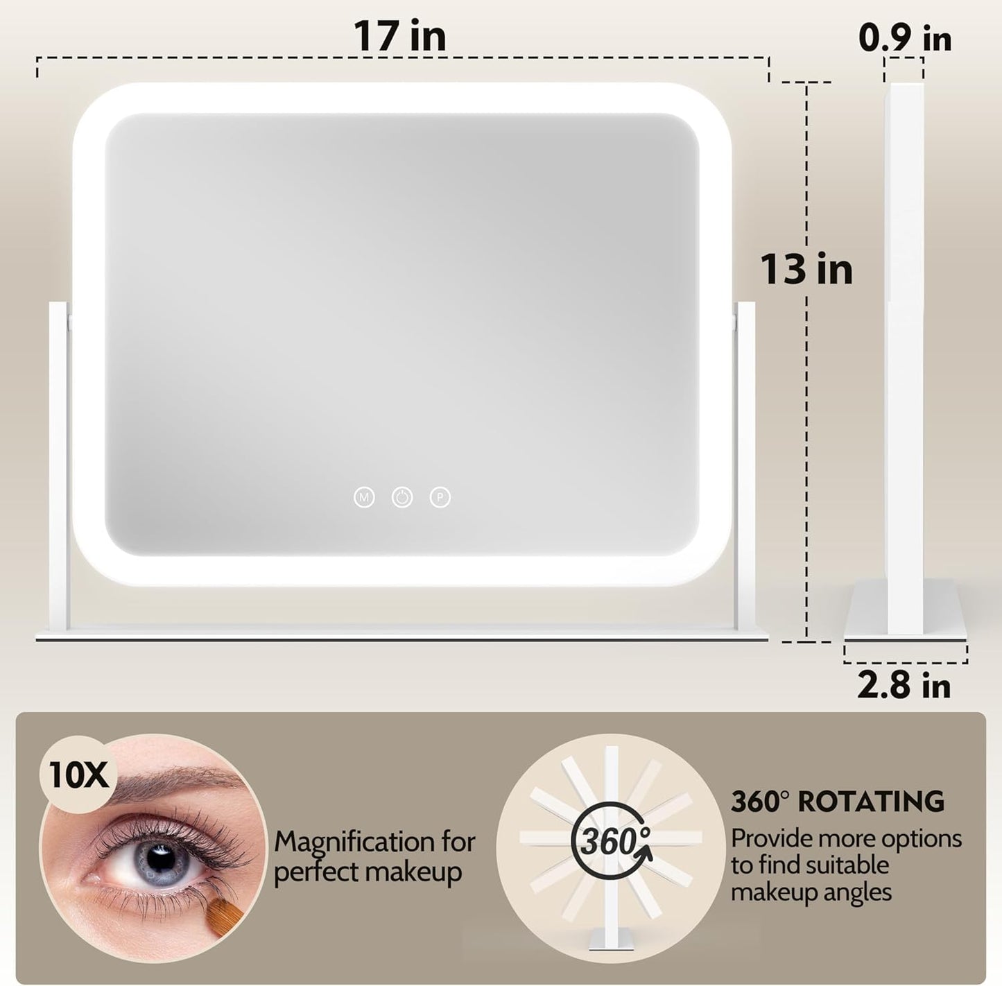 Lighted Makeup Mirror - 10X Magnification Vanity Mirror with 3 Color Modes | 17"x13" Smart Touch Control, 360° Rotation (White)