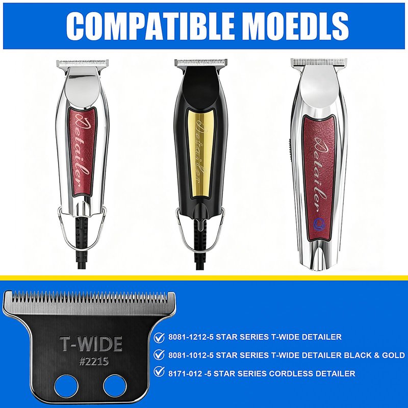 2215 Replacement T Wide Blades Compatible with Wahl 5 Star Detailer Li Trimmer(8081) and (8171) - Adjustable Stainless-steel Zero-Gap Trimmer Blade ((1PC-Black)