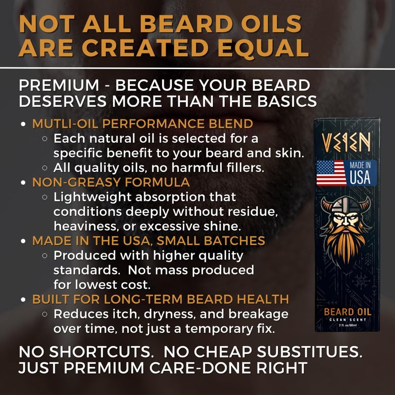 Veien Beard Oil for Men - Clean White Tea Masculine Scent - Softens & Conditions Beard, Moisturizes Dry Skin, Stops Beard Itch & Dandruff - 2oz Non-Greasy Premium Beard Grooming Oil
