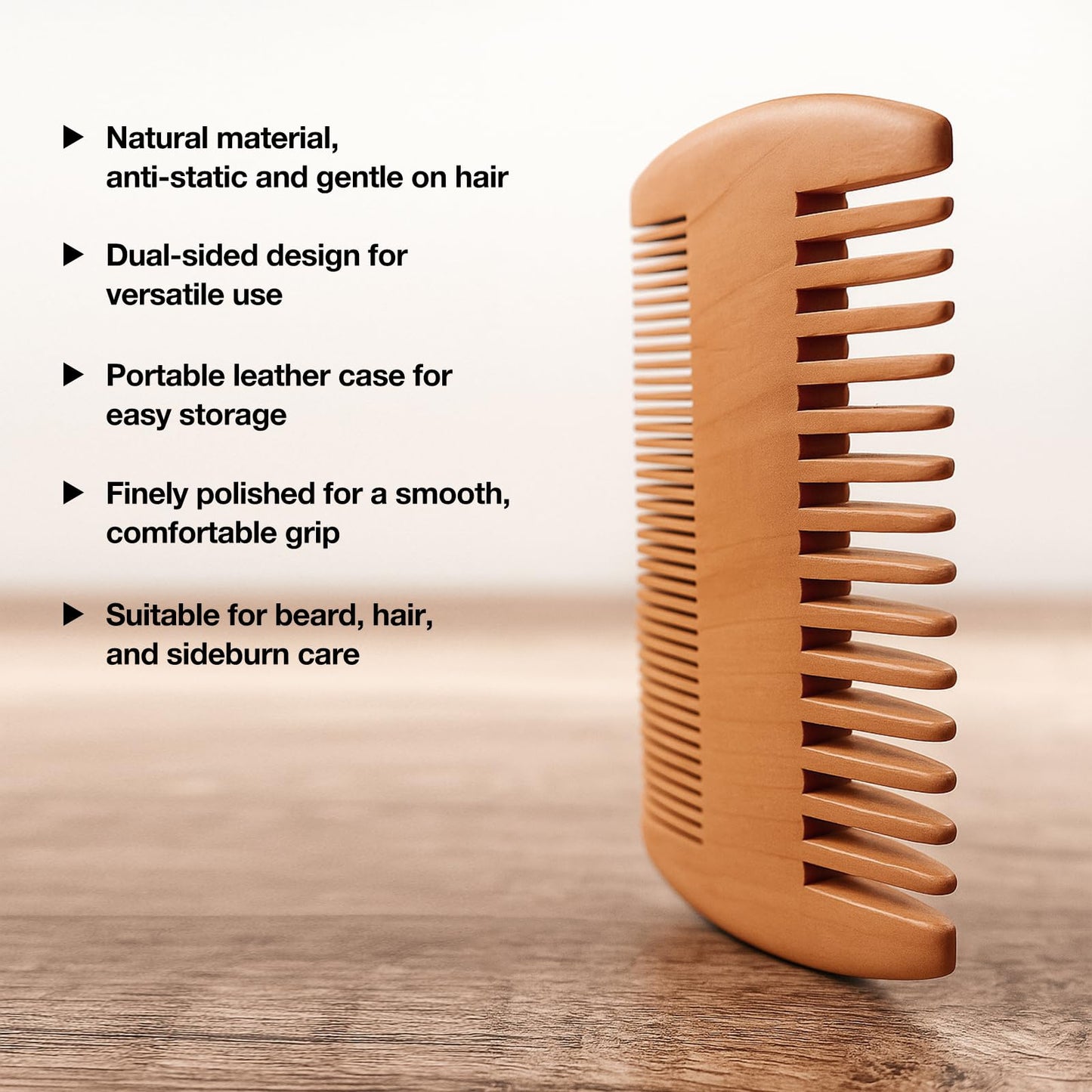 Peach Wood Beard Comb – Dual-Sided Comb for Fine & Coarse Teeth, Ideal for Beard & Mustache & Hair Grooming, with Leather Case