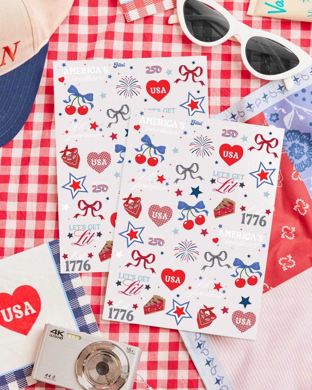 xo, Fetti America 250 Tattoos, 4th of July -60 Temporary Tattoos | USA, Red White Blue, Stars, Fireworks, Patriotic Party Decor, Kids Party, All American