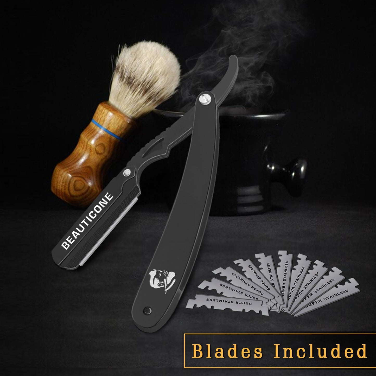 BEAUTICONE Straight Razors for Men, Professional Barber Razors, Premium Straight Edge Razor, Shaving Knife, Shavette, Stainless Steel, Wooden Handle, With PU Leather Case