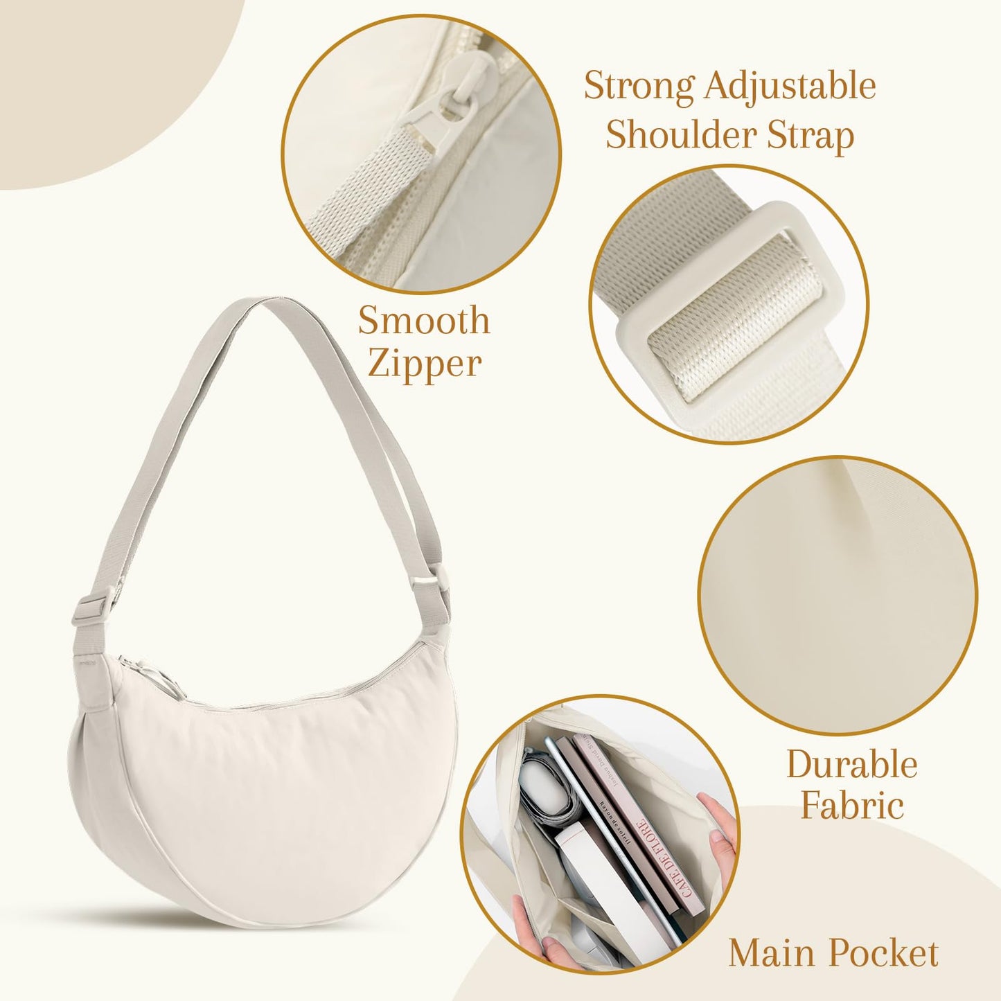 Crossbody Crescent Bag Quilted,Crossbody Bag for Women and Men,Trendy Crossbody Hobo Bag for Work Travel Shopping,Beige