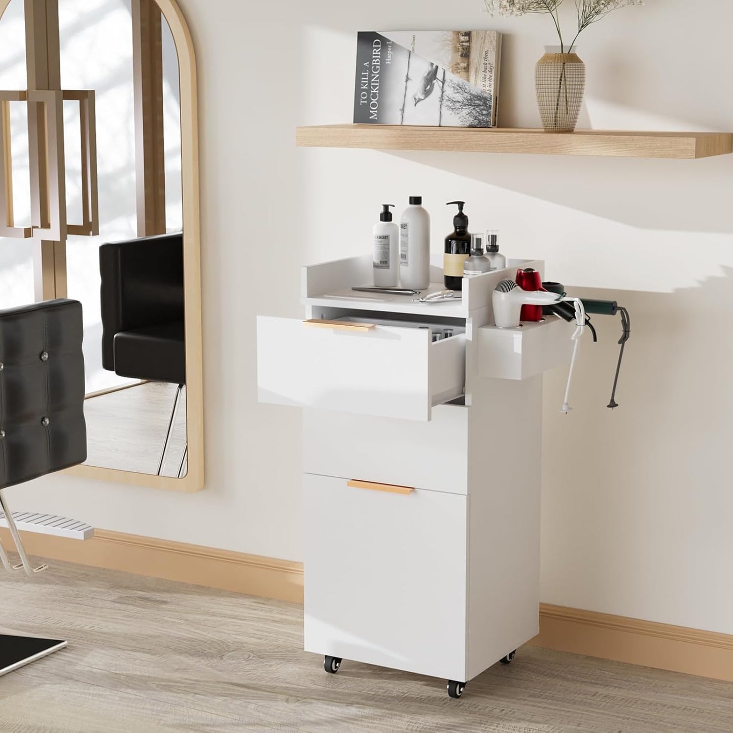 OmySalon Salon Trolley with Wheels - Portable Hair Stylist Cart with 2 Drawers & Storage Cabinet | White