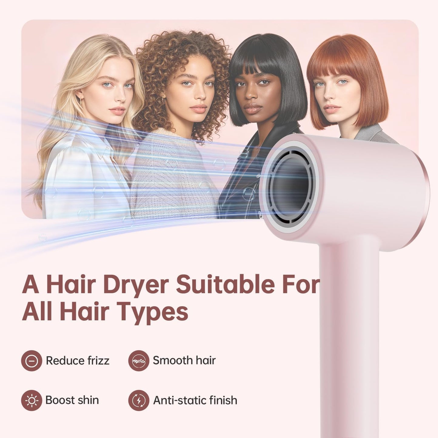 BOWEI High-Speed Hair Dryer - 110,000 RPM Lightweight Blow Dryer with Smart Thermo-Control | Pink, Anti-Frizz, All Hair Types