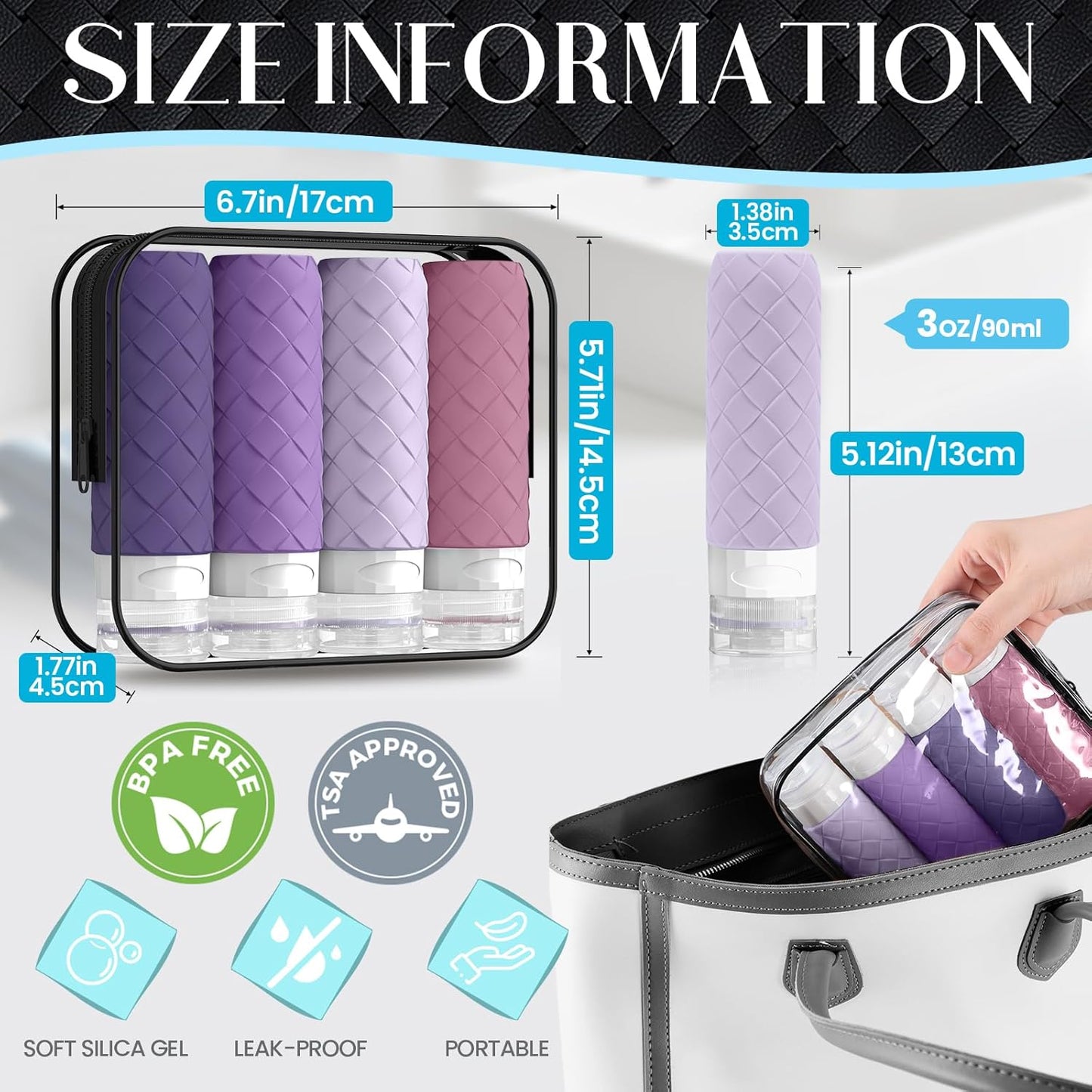 Travel Bottles for Toiletries - TSA Approved Silicone Containers | BPA Free, Leak Proof, Refillable - Purple