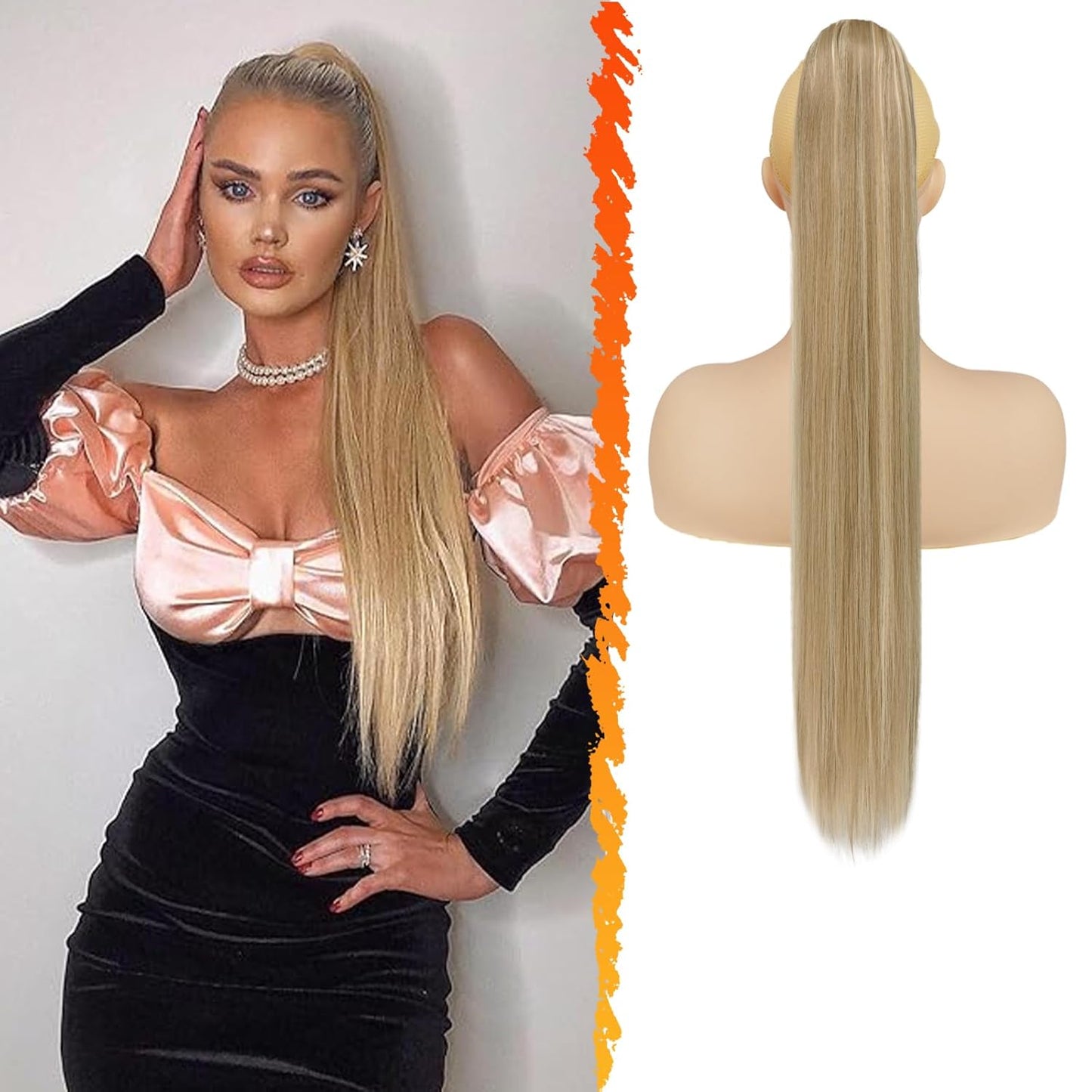 Long Straight Ponytail Extension - 26 Inch Brown Synthetic Clip-In Hairpiece for Women | Light Brown Mixed